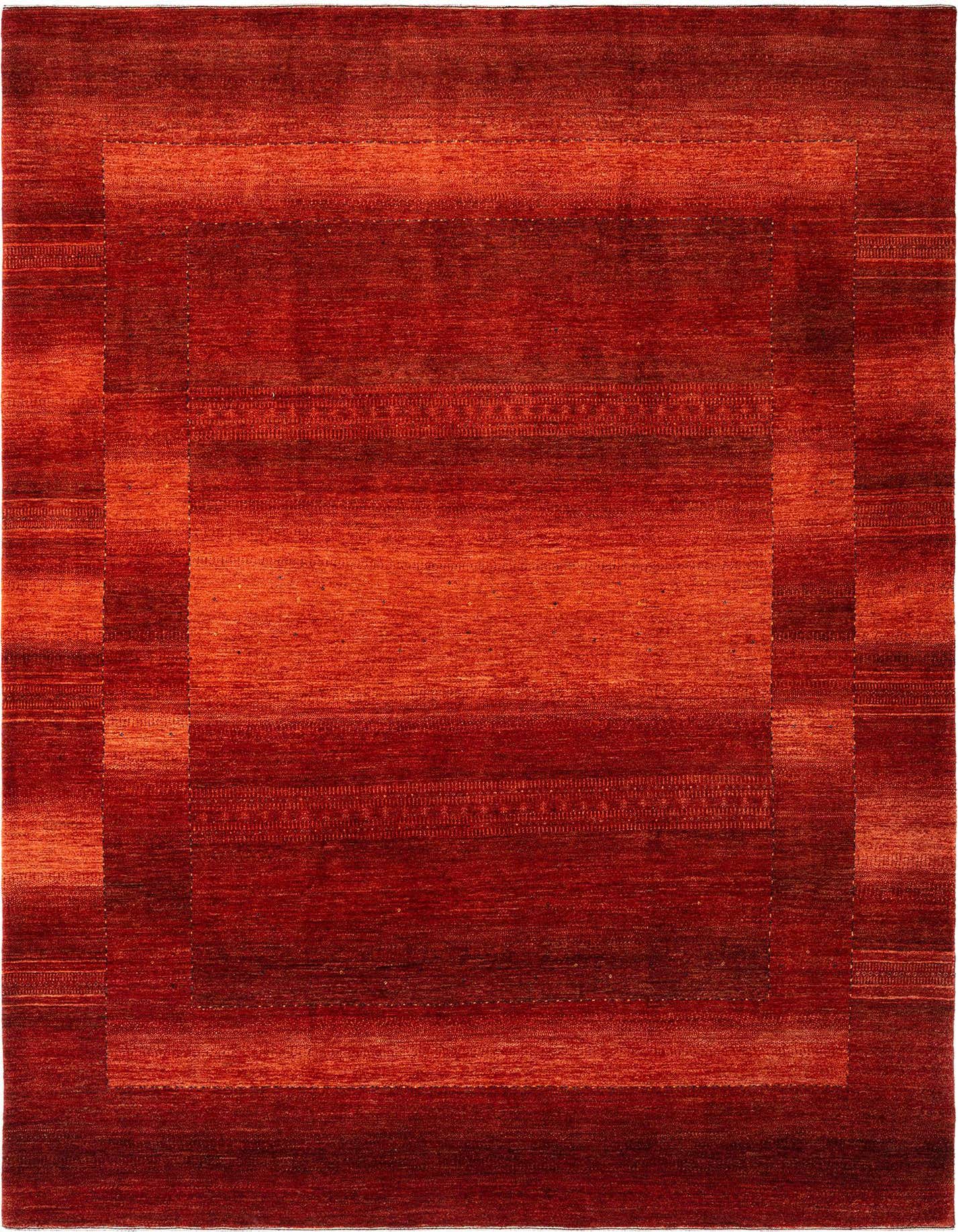 A 7x10 rectangular Kashkuli Persian wool rug in varying shades of red, featuring a subtle striped border design.