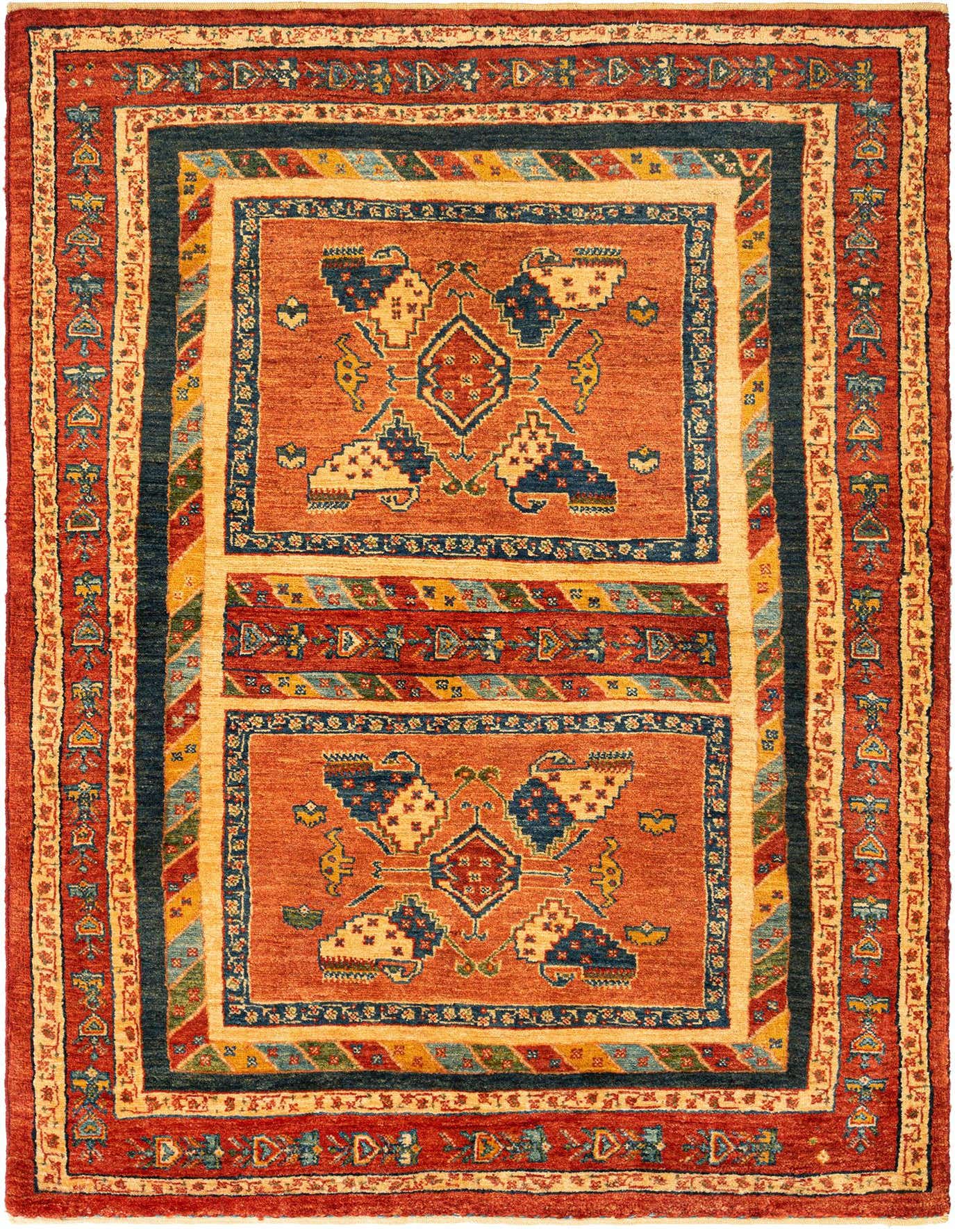 A 3x5 rectangular Kashkuli Persian rug with a rich red field, intricate blue and cream geometric patterns, and a multi-bordered design.