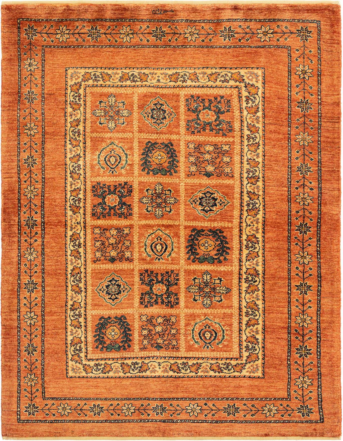 A 3x5 rectangular Kashkuli Persian rug in warm red with a detailed border and a central field of alternating floral and medallion motifs in cream, blue, and gold.