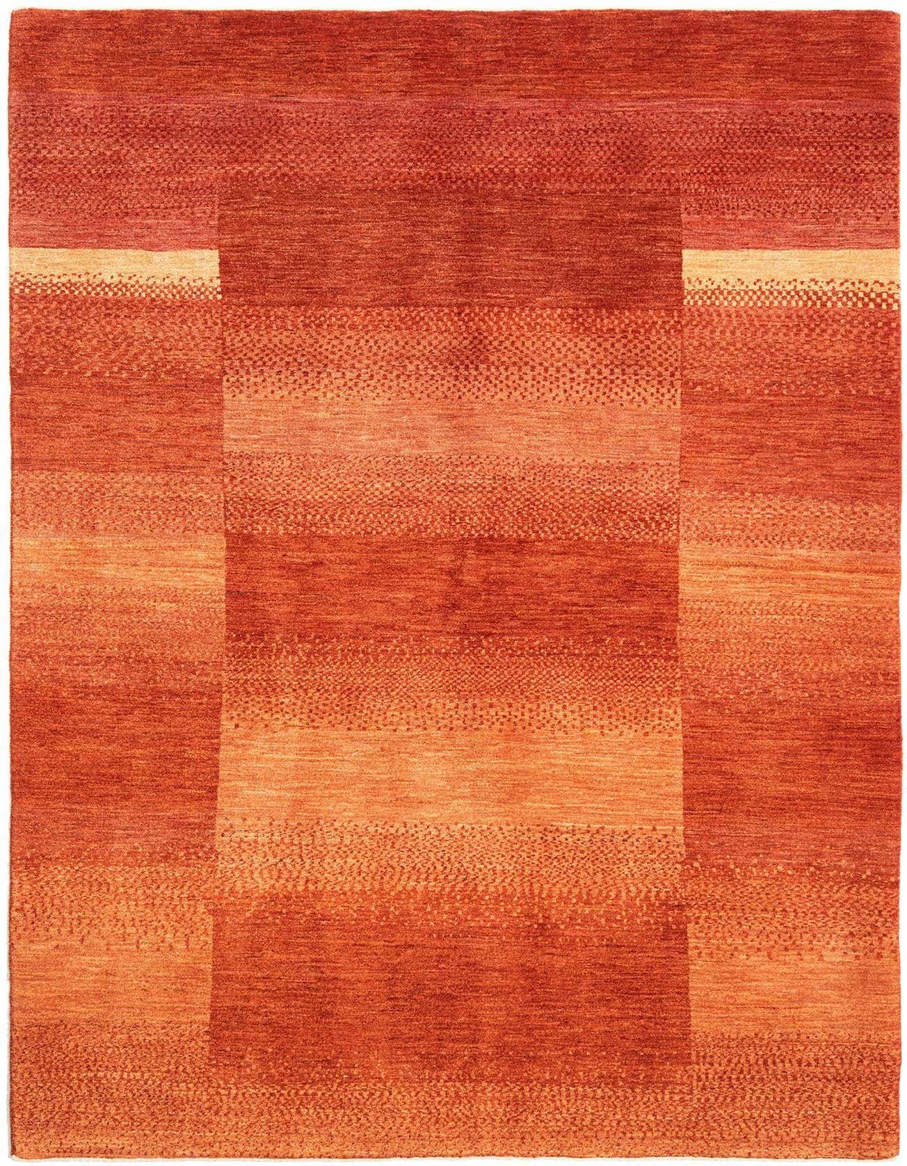 A 5x8 rectangular Kashkuli Persian rug featuring a rich blend of red tones with subtle striped and dotted patterns.