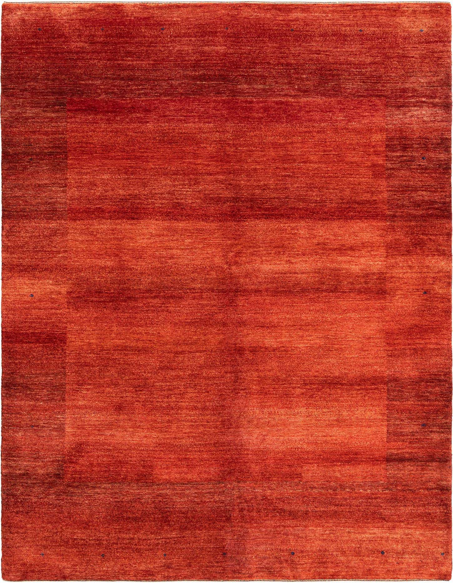 A 5x8 rectangular Kashkuli Persian rug in varying shades of red, featuring a subtle striped pattern.