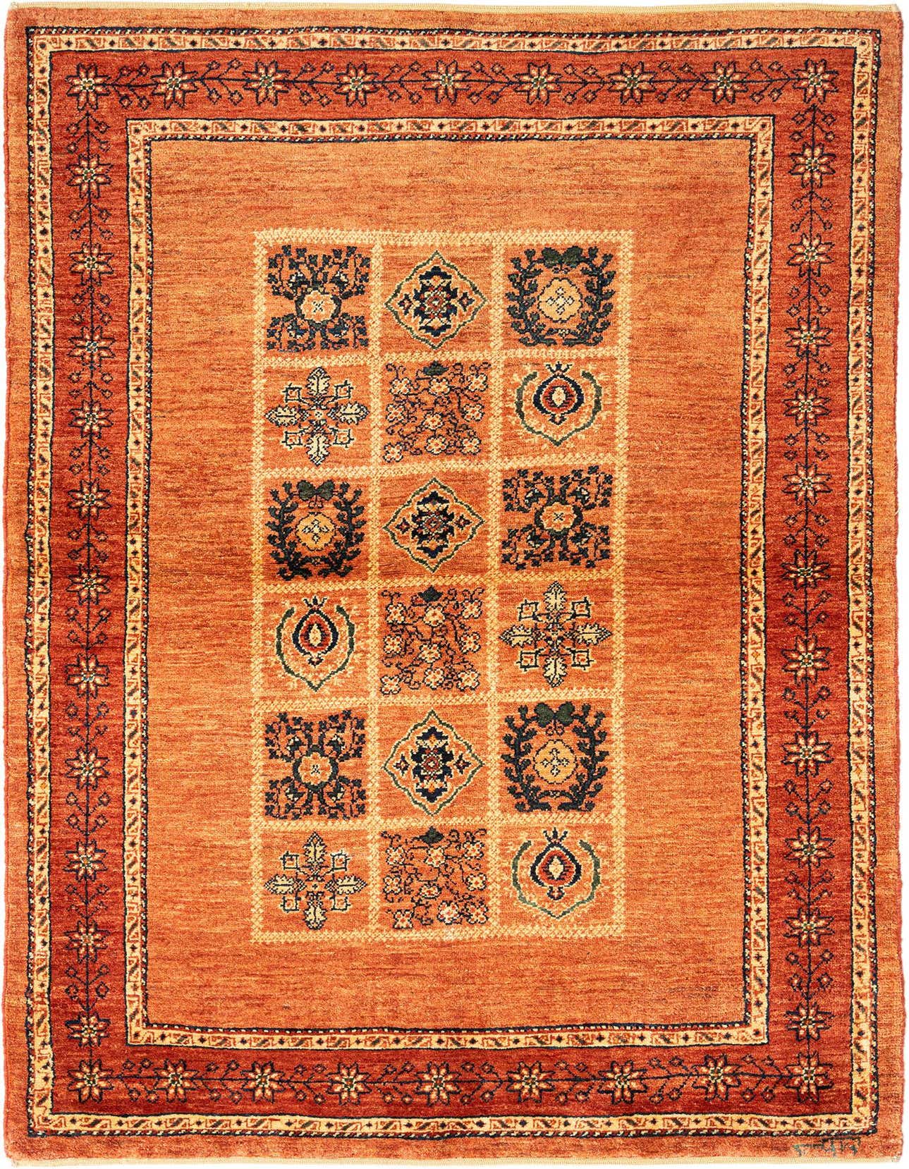 A 4x6 rectangular red Persian wool rug with a detailed border and a grid of traditional motifs.