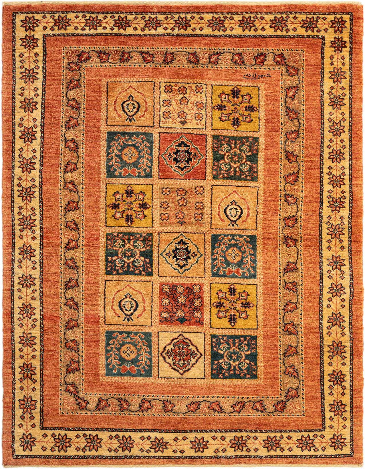A 3x5 rectangular Kashkuli Persian rug with a red field and a grid of multi-colored traditional motifs, ideal for an entryway.