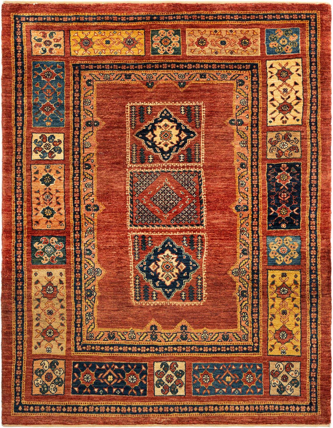 A 3x5 rectangular red Persian wool rug with intricate geometric and floral patterns in blue, gold, and cream.
