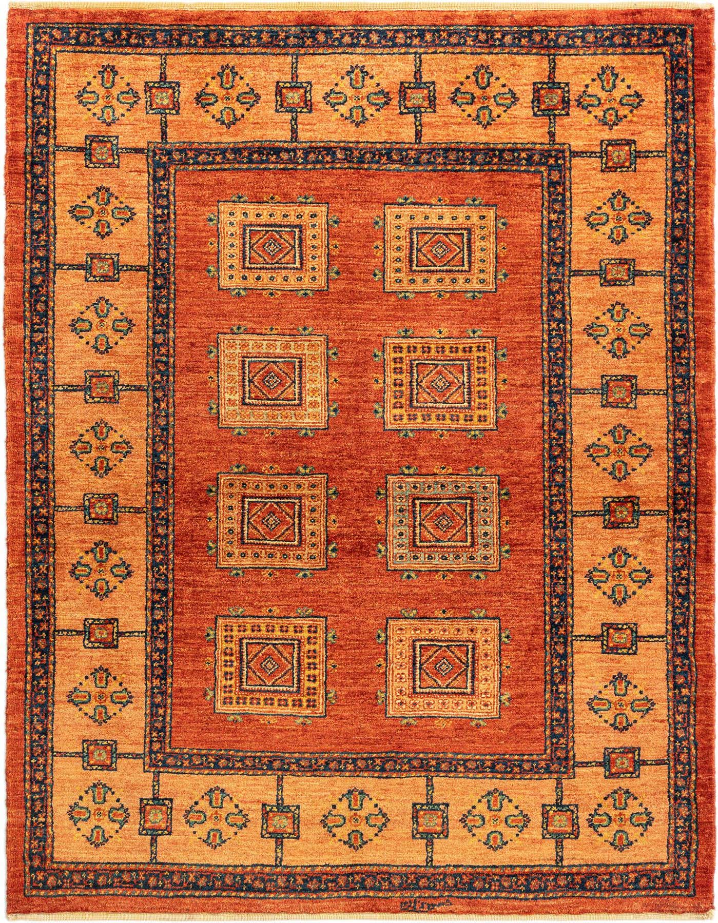 A 3x5 rectangular Kashkuli Persian rug with a red field and a gold border, featuring intricate geometric patterns.