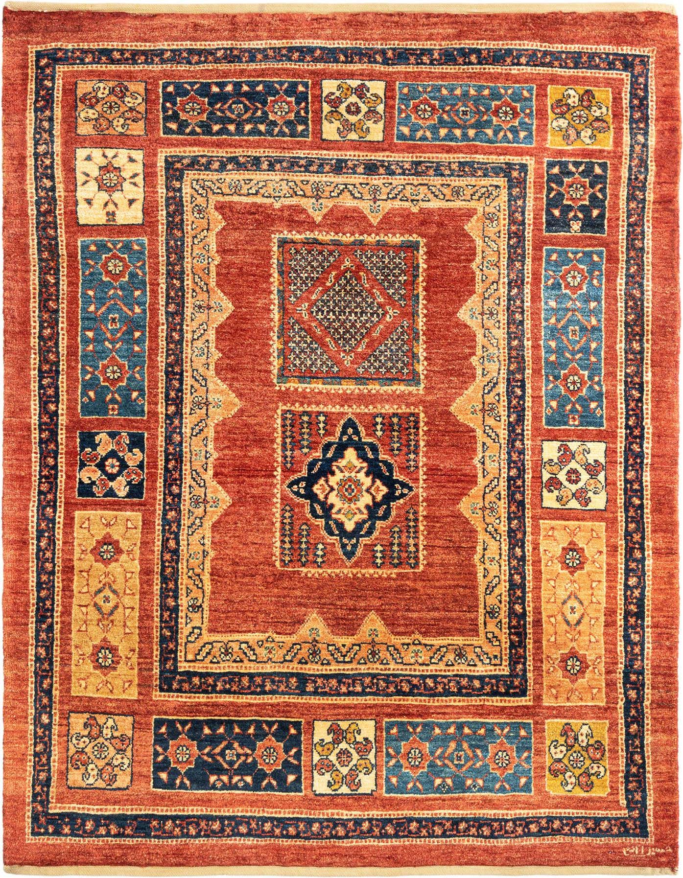 A 3x5 rectangular red Persian wool rug with intricate blue, gold, and cream traditional patterns, ideal for an entryway.