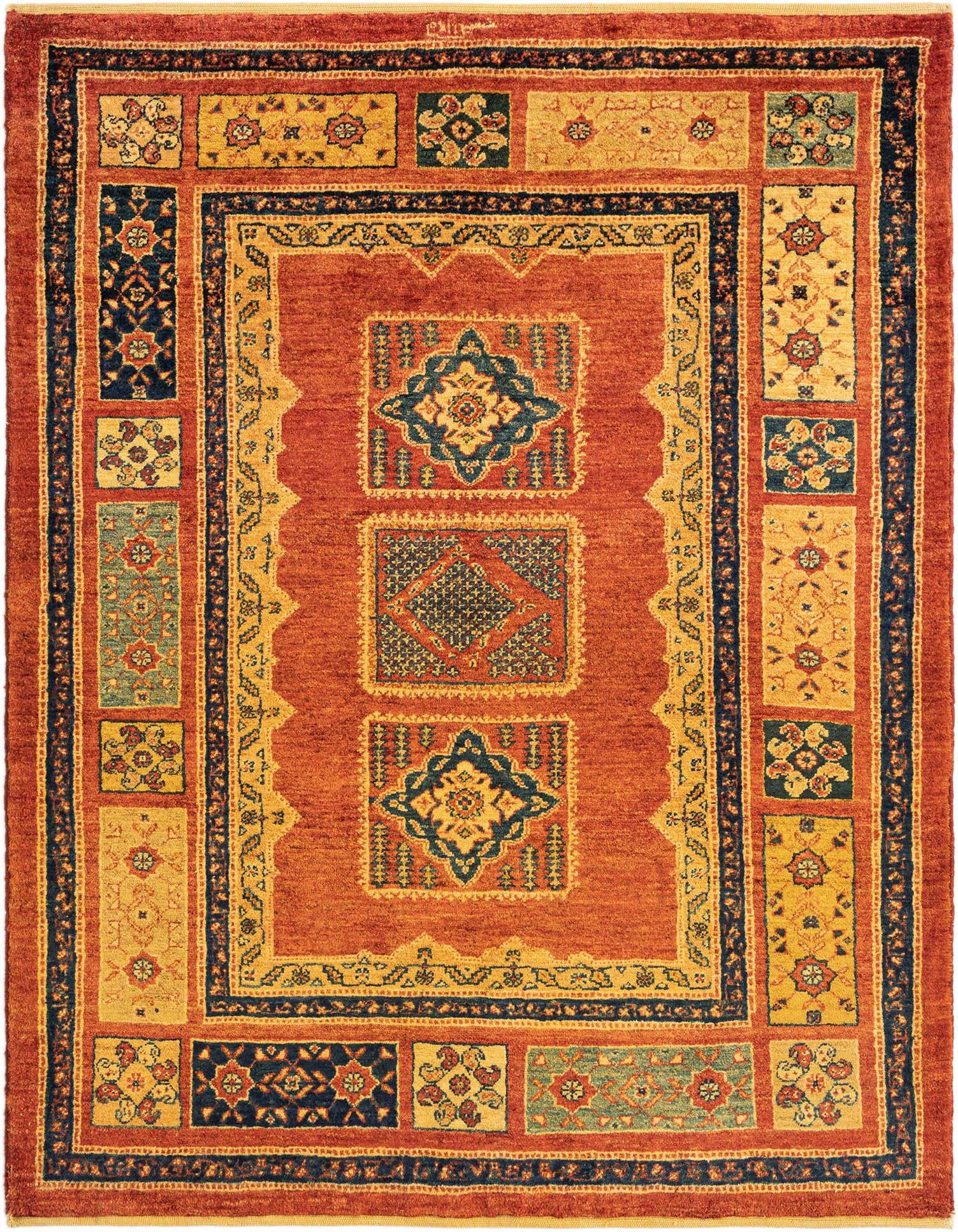 A 3x5 rectangular red Persian wool rug with intricate blue, gold, and teal floral and geometric patterns.