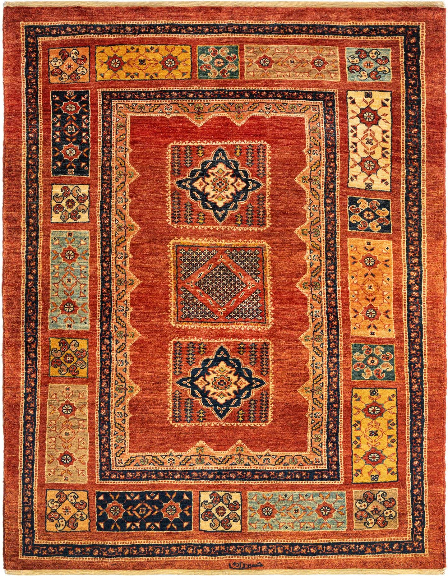 A 3x5 rectangular Kashkuli Persian wool rug in rich reds with intricate geometric patterns and a dark blue border.