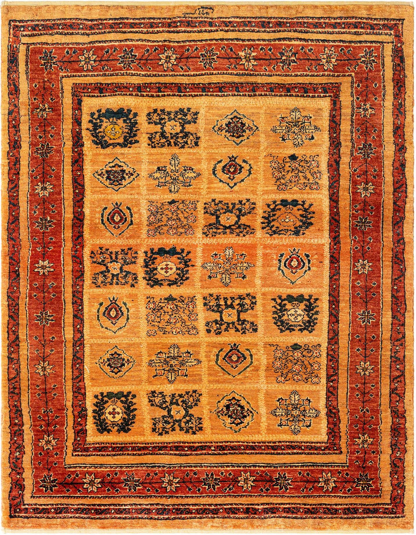 A 3x5 rectangular Kashkuli Persian rug with a red border and a warm orange field featuring intricate red, blue, and gold medallion patterns.