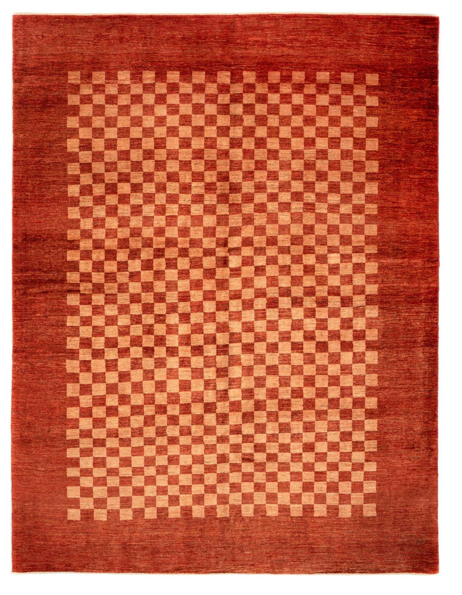 A 5x8 rectangular Kashkuli Persian rug featuring a checkerboard pattern in varying shades of red, with a solid red border.