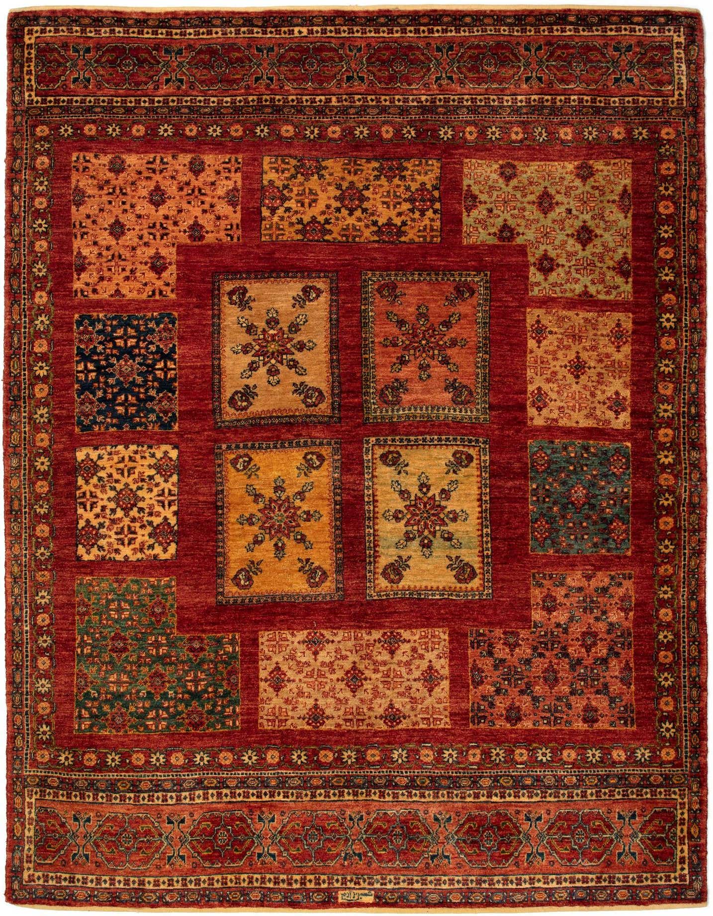 A 5x8 rectangular Kashkuli Persian rug featuring a deep red field with multiple patterned squares in various colors like gold, blue, and green, framed by an intricate border.