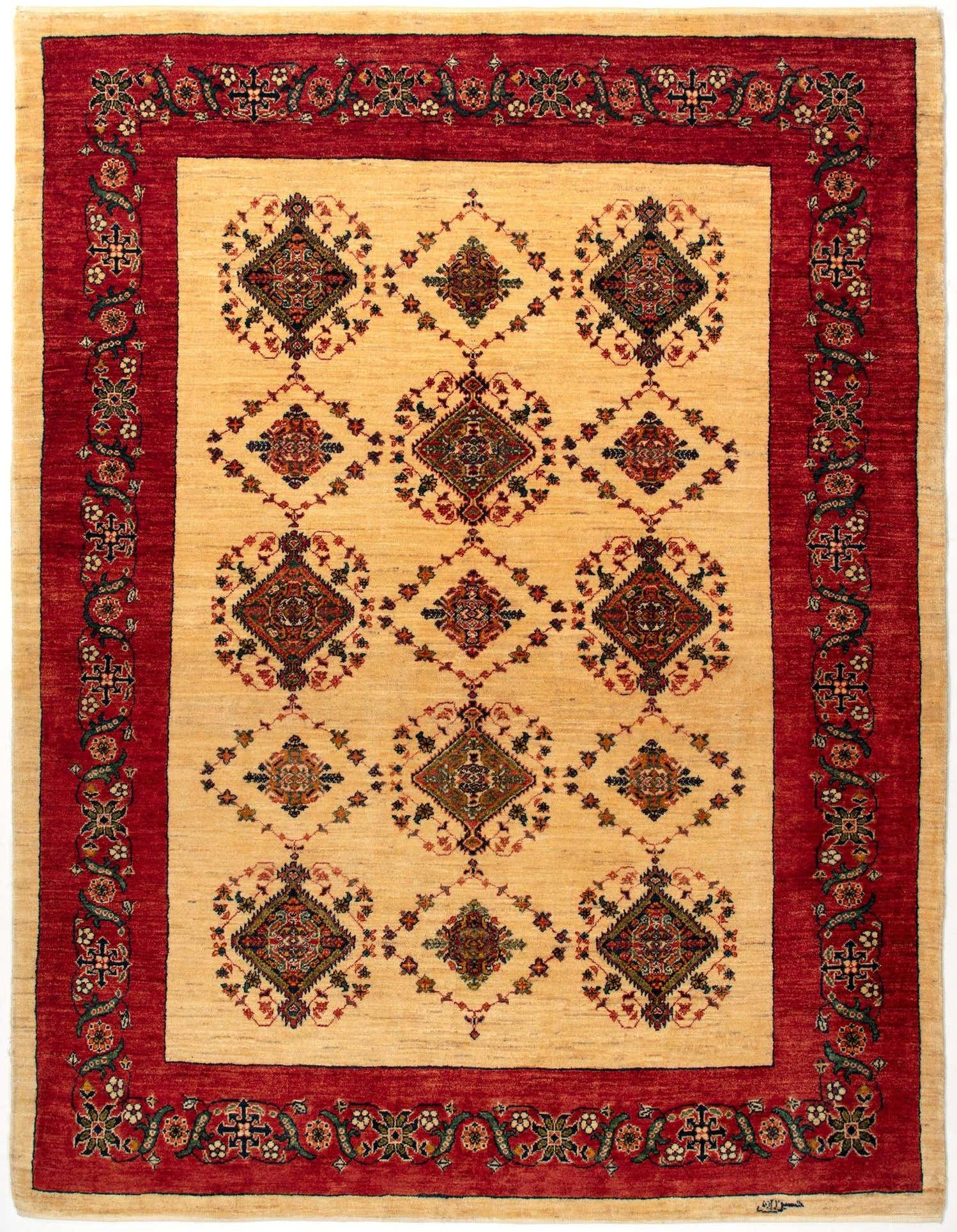 A 5x8 rectangular Kashkuli Persian rug with a cream field and a wide red border, featuring intricate geometric and floral patterns.
