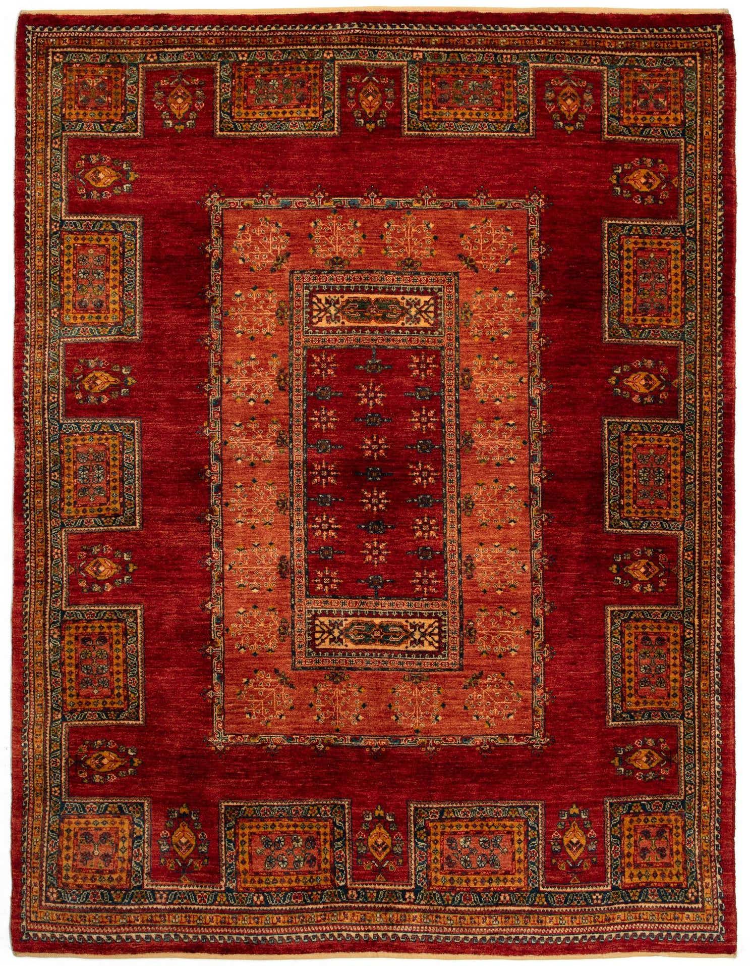 A 5x8 rectangular Persian rug featuring a rich red field with intricate gold, blue, and orange traditional patterns.
