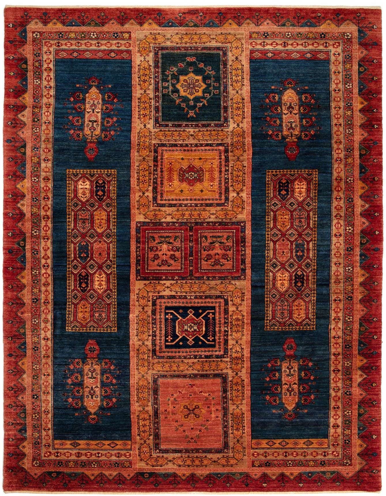 A 7x10 rectangular Kashkuli Persian rug with a deep red border and a rich blue field featuring intricate traditional patterns in red, orange, and gold.