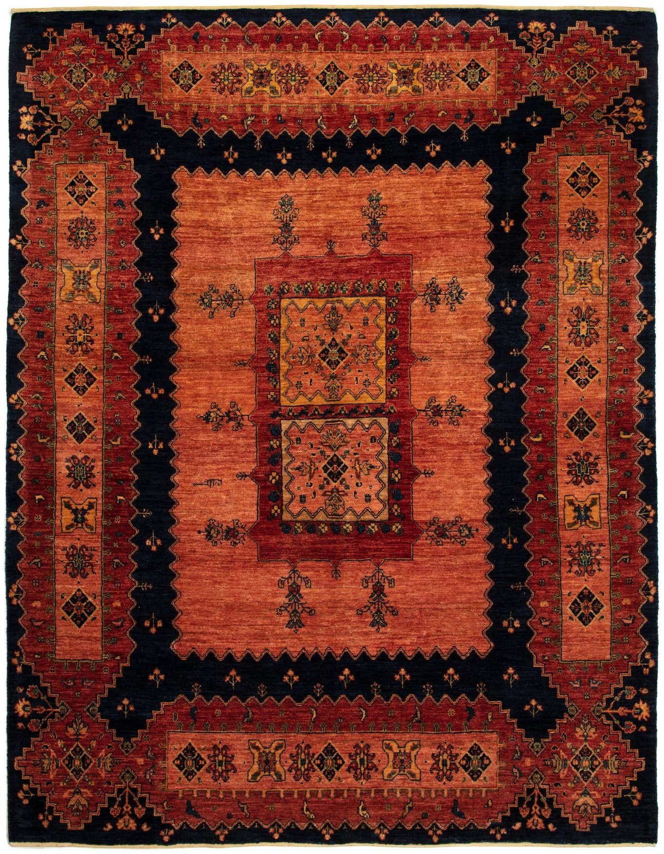 A 7x10 rectangular Kashkuli Persian rug in rich reds and deep navy, featuring intricate traditional patterns.