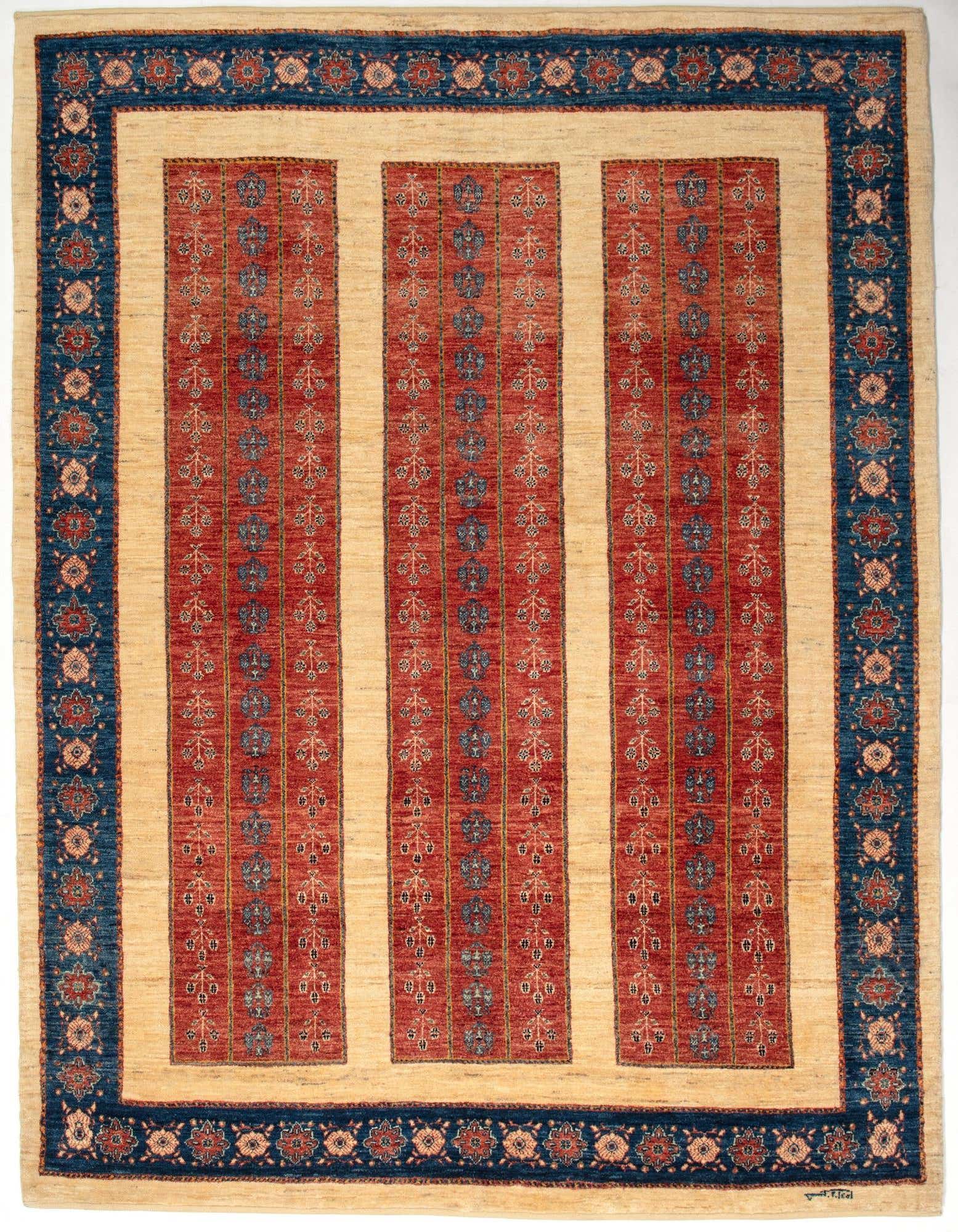 A 5x8 rectangular Kashkuli Persian rug with a red field featuring three vertical panels of intricate blue and red floral patterns, framed by a wide beige border and a dark blue outer border with repeating floral motifs.
