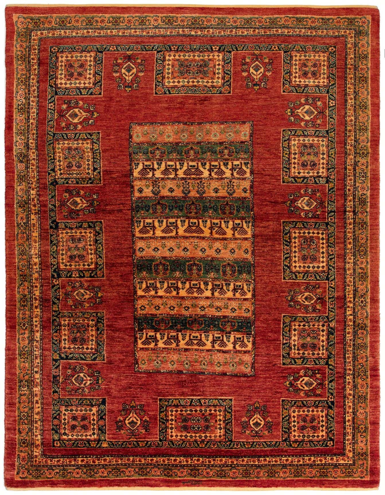 A 5x8 rectangular Kashkuli Persian rug in deep red with intricate traditional patterns and a central medallion.