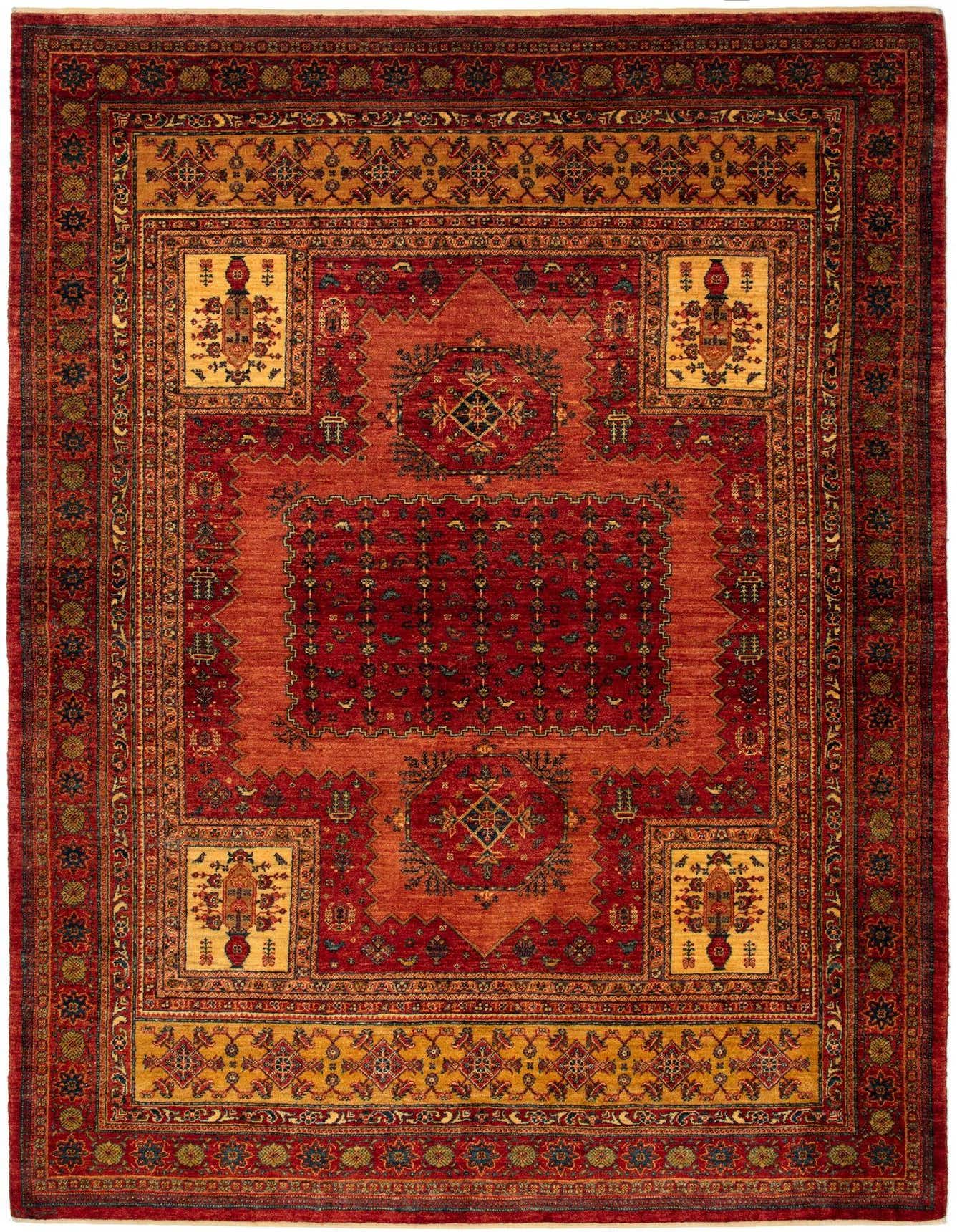 A 5x8 rectangular Kashkuli Persian rug in rich reds and gold, featuring intricate traditional patterns.
