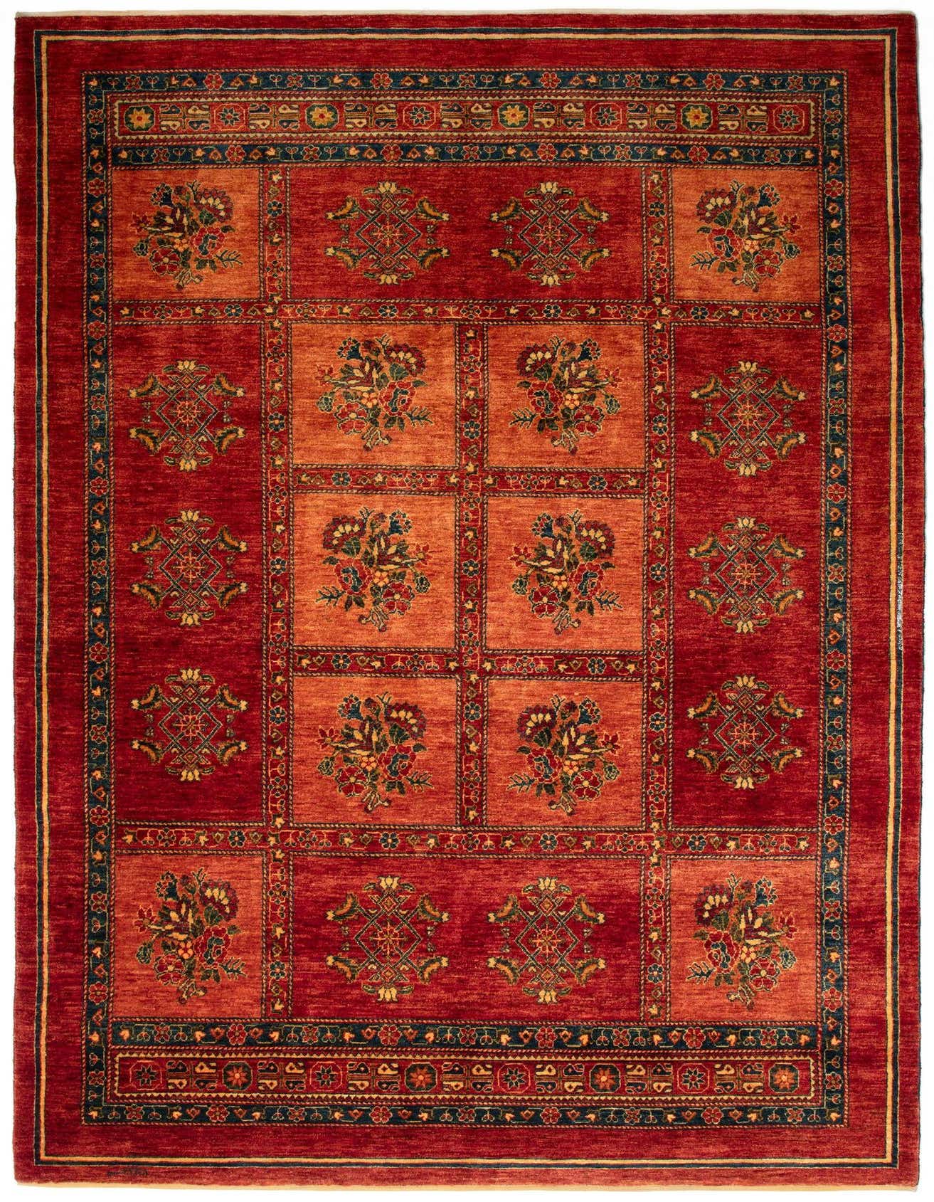 A 6x9 rectangular Kashkuli Persian rug featuring a rich red field with an intricate grid pattern of floral and geometric motifs.