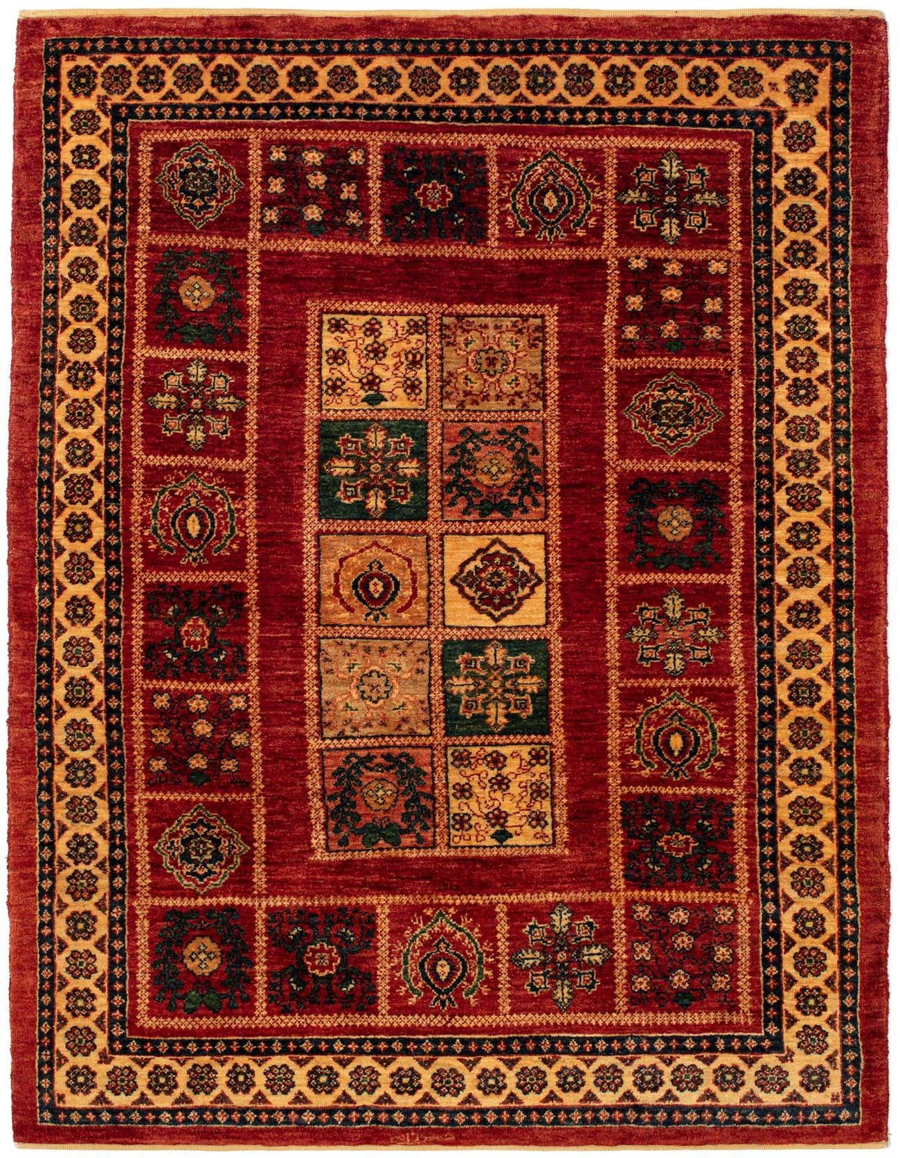 A 3x5 rectangular Kashkuli Persian rug with a deep red field and a grid pattern of varied traditional motifs in gold, green, and navy, framed by a wide gold and red border.