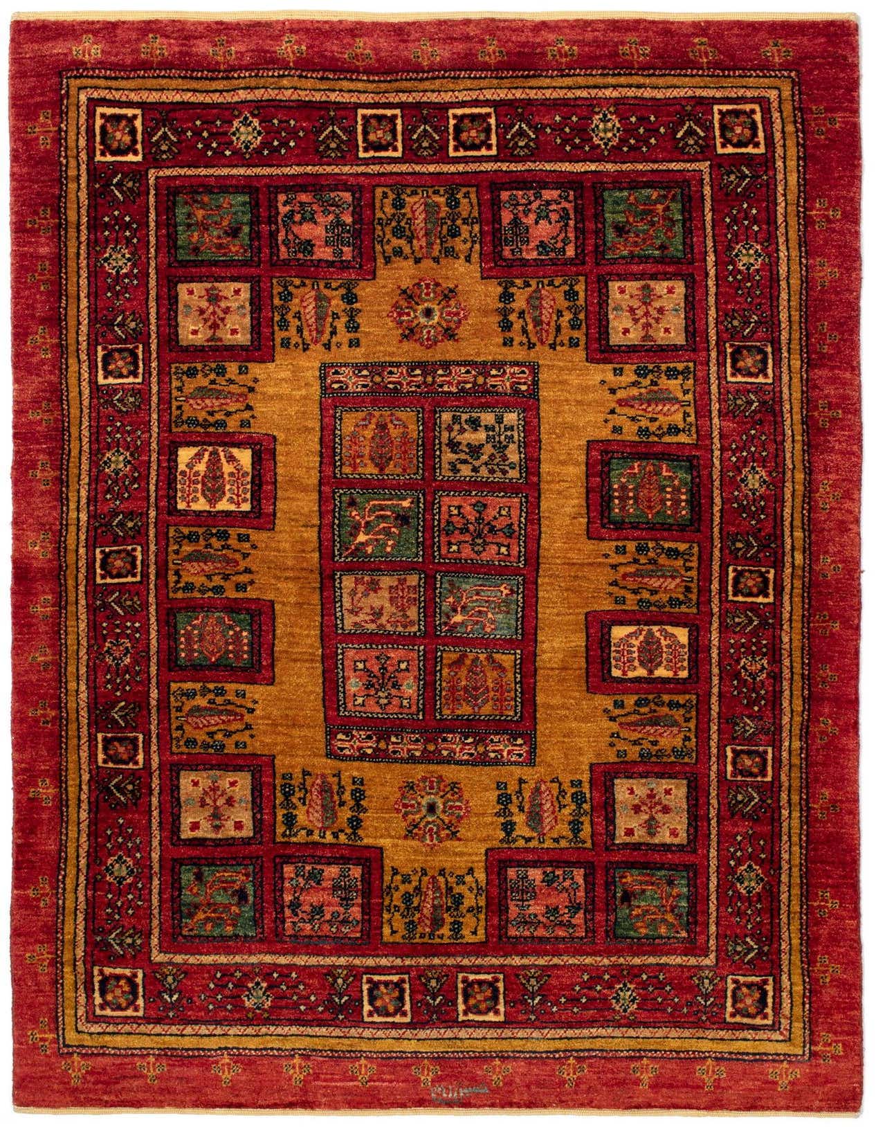 A 3x5 rectangular Kashkuli Persian rug with a rich red border and a gold-ochre field, featuring intricate traditional patterns in squares.