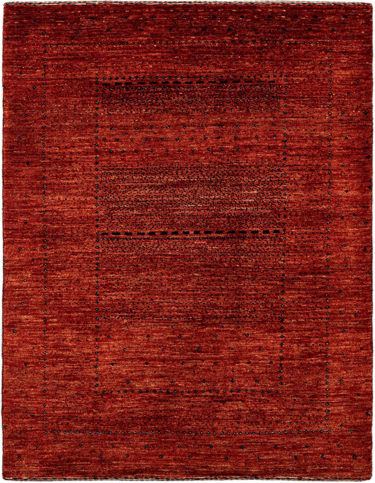 A rectangular handmade Kashkuli Persian rug in rich red wool with subtle dark geometric patterns, suitable for indoor use.