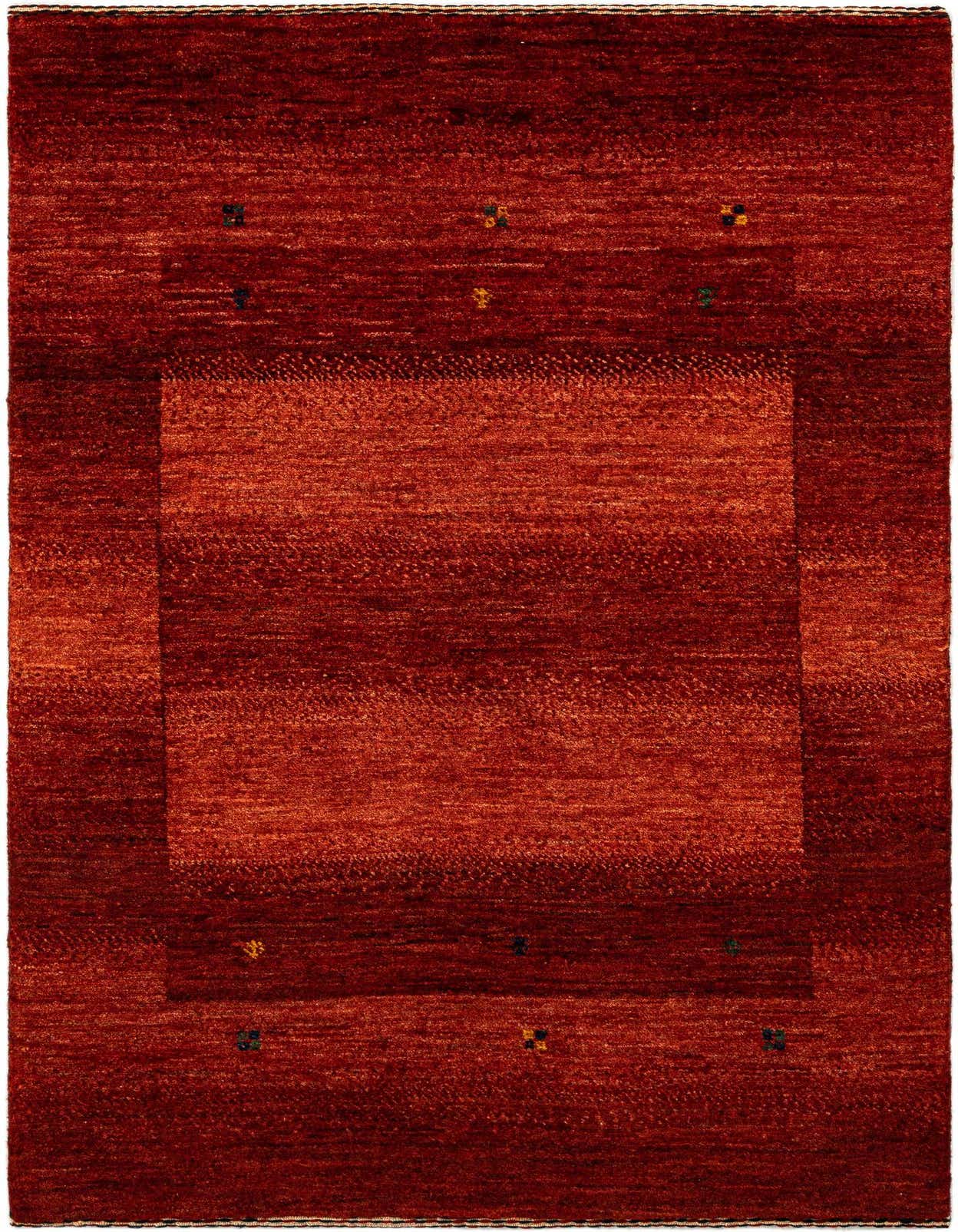 A handmade rectangular Kashkuli rug in varying shades of red, featuring a subtle border and small, colorful accents.