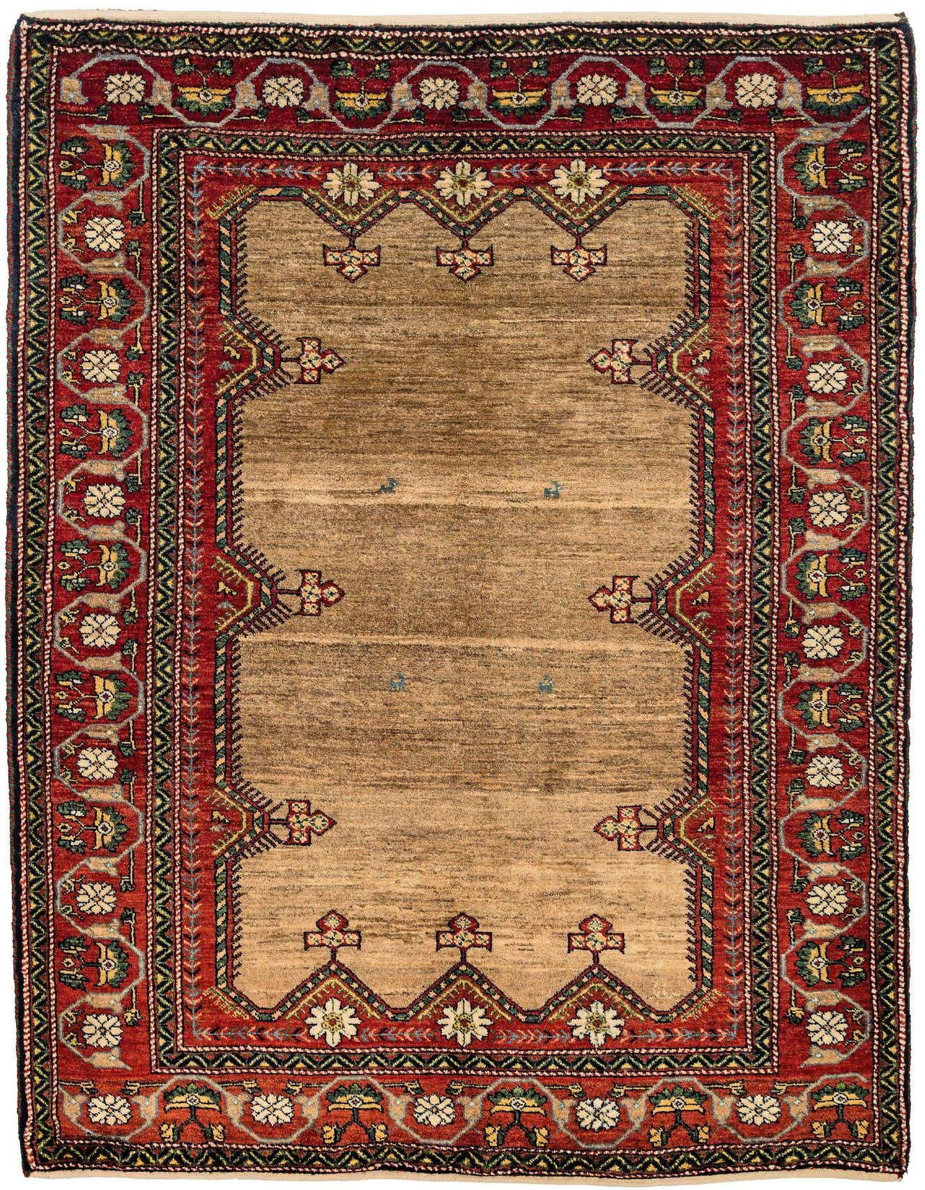 A 4x6 rectangular handmade wool rug featuring a rich red border with intricate floral patterns and a warm, solid tan-brown central field.