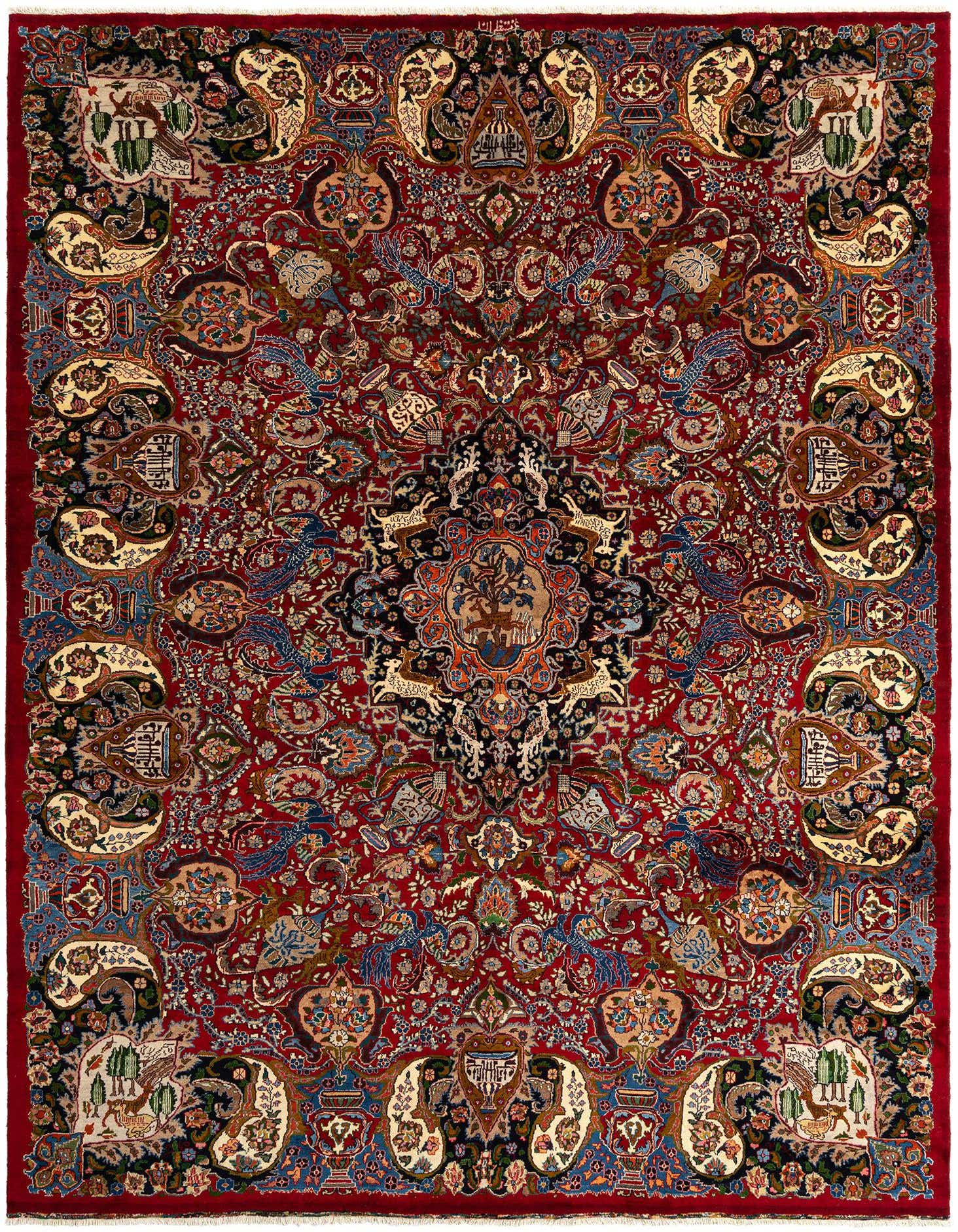 A large 10x13 rectangular Kashmar Persian rug in rich reds, featuring an intricate, traditional floral and medallion pattern.