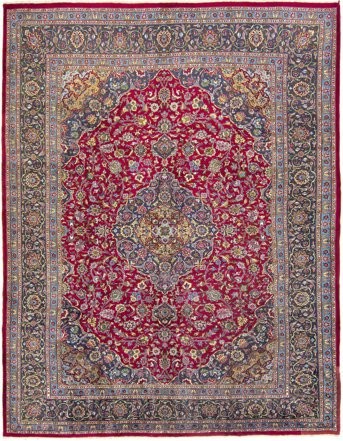 A 10x14 rectangular red Persian wool rug with intricate floral and medallion patterns in blue, gold, and green.