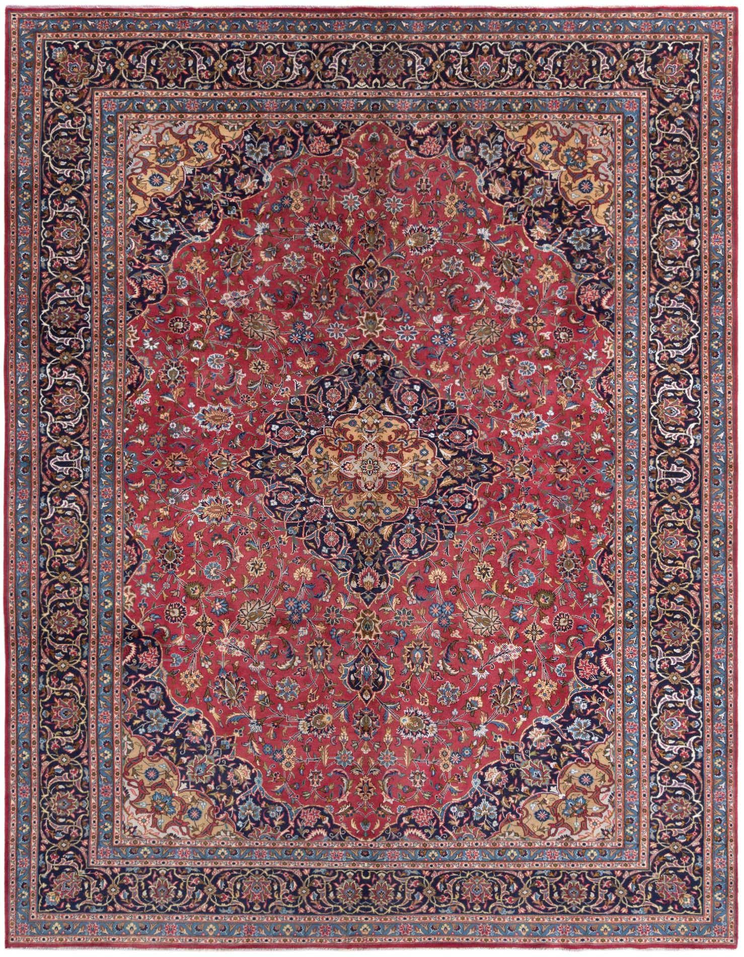 A large 9x12 rectangular Kashmar rug with a traditional pattern in shades of red, navy, and gold.