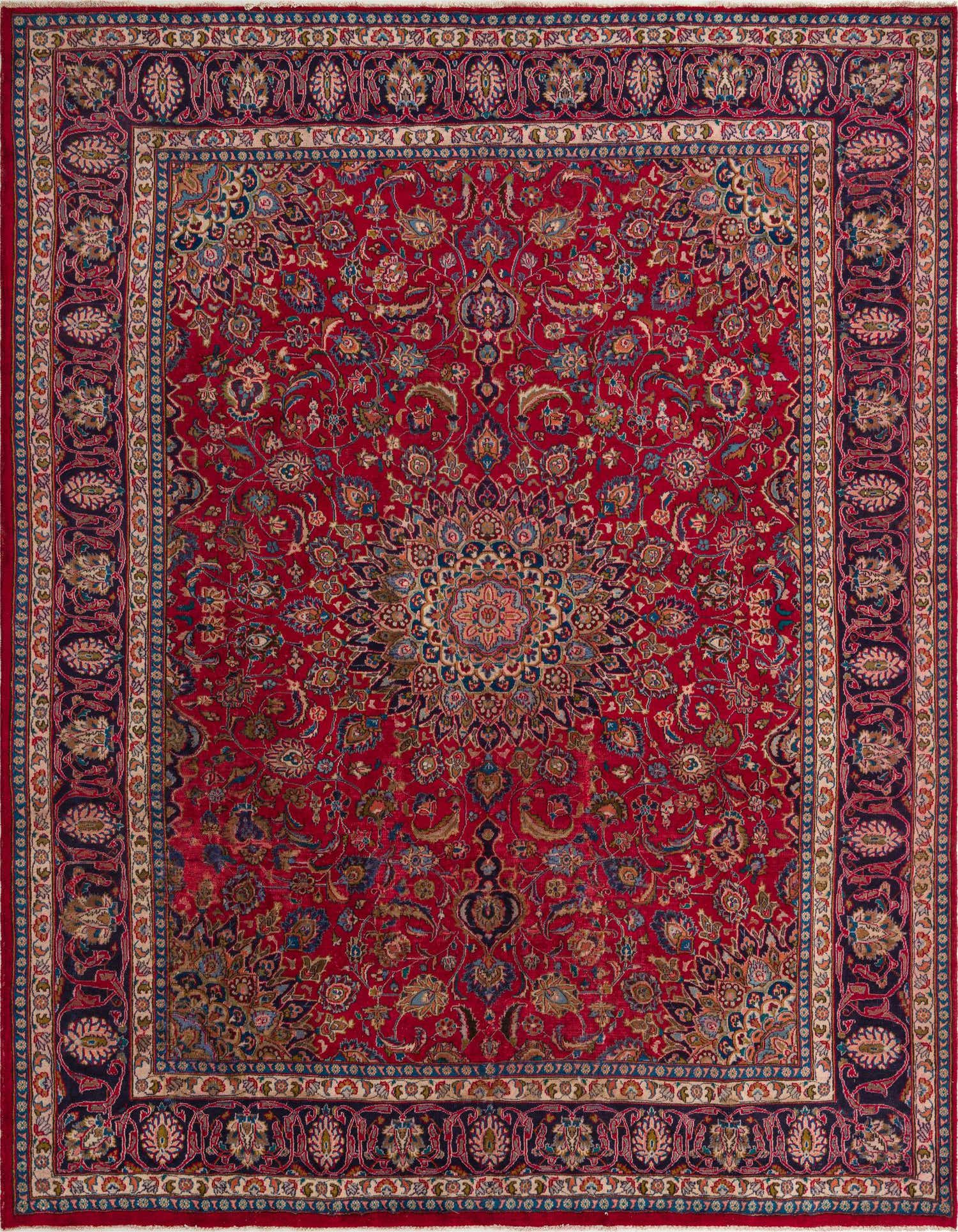 A 10x13 rectangular red Persian rug with an intricate medallion pattern and traditional floral border.