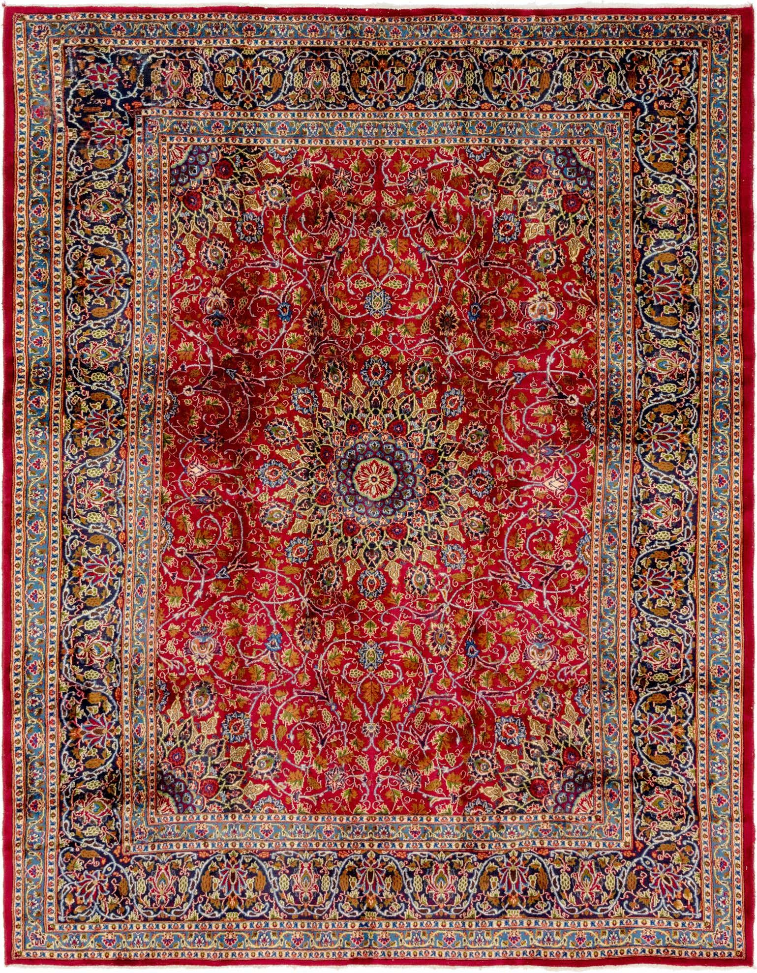 A large 10x13 rectangular red Persian rug with an intricate floral medallion pattern and a detailed border, suitable for a living room.