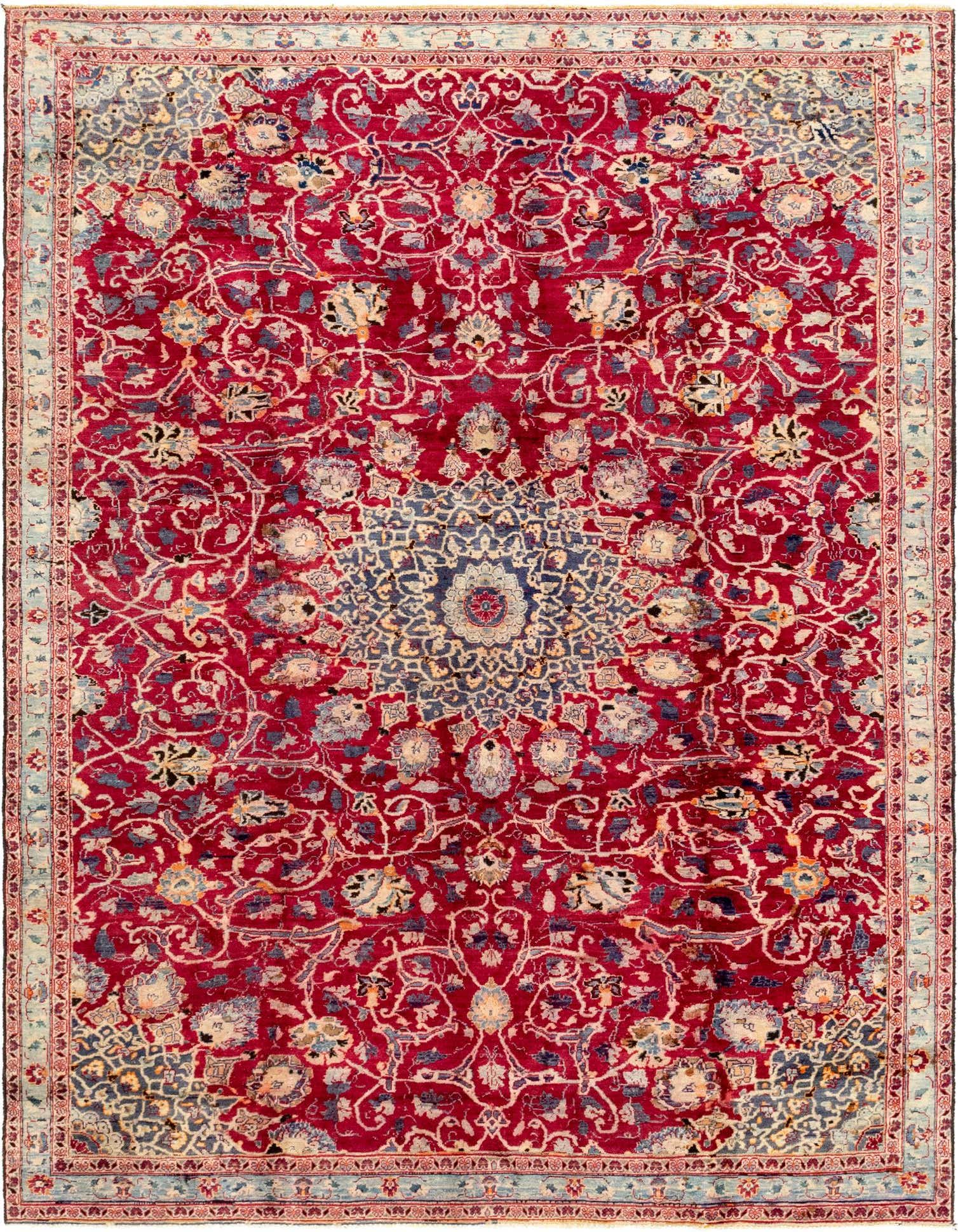 A 7x10 rectangular red Persian rug with a central blue medallion and intricate botanical patterns, ideal for a living room.