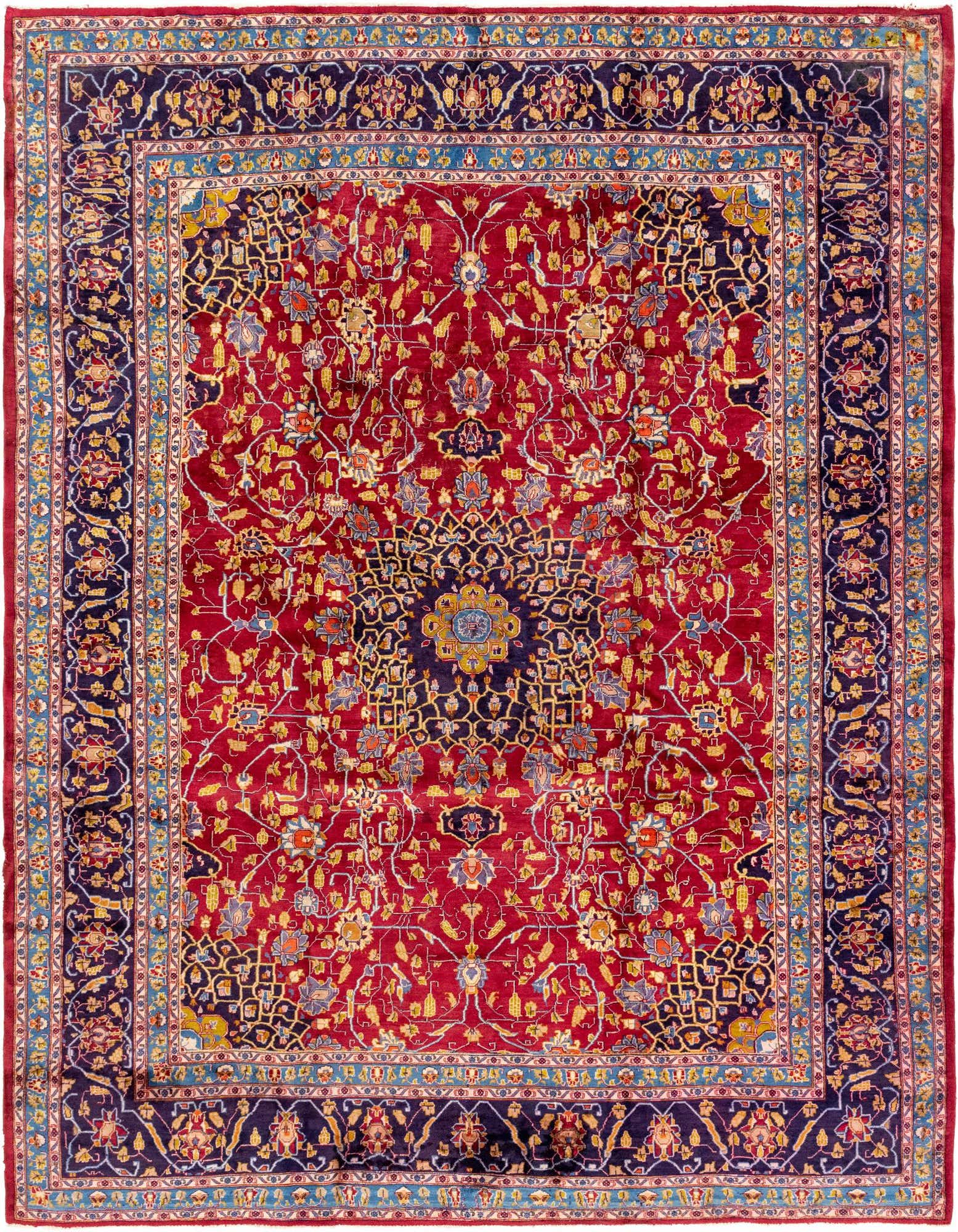 A 10x13 rectangular Kashmar Persian rug in red and navy, featuring intricate botanical and medallion patterns.