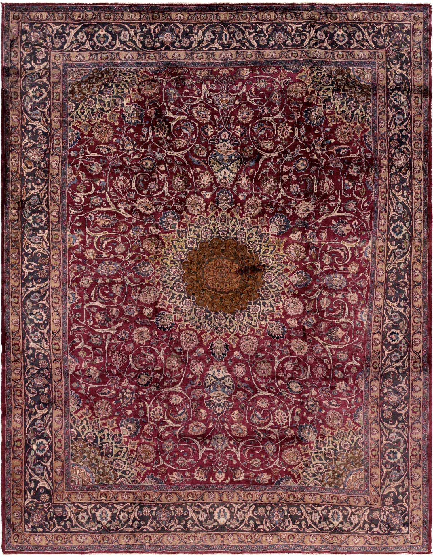 A large 10x13 rectangular red Persian rug with an intricate botanical medallion pattern and dark border.