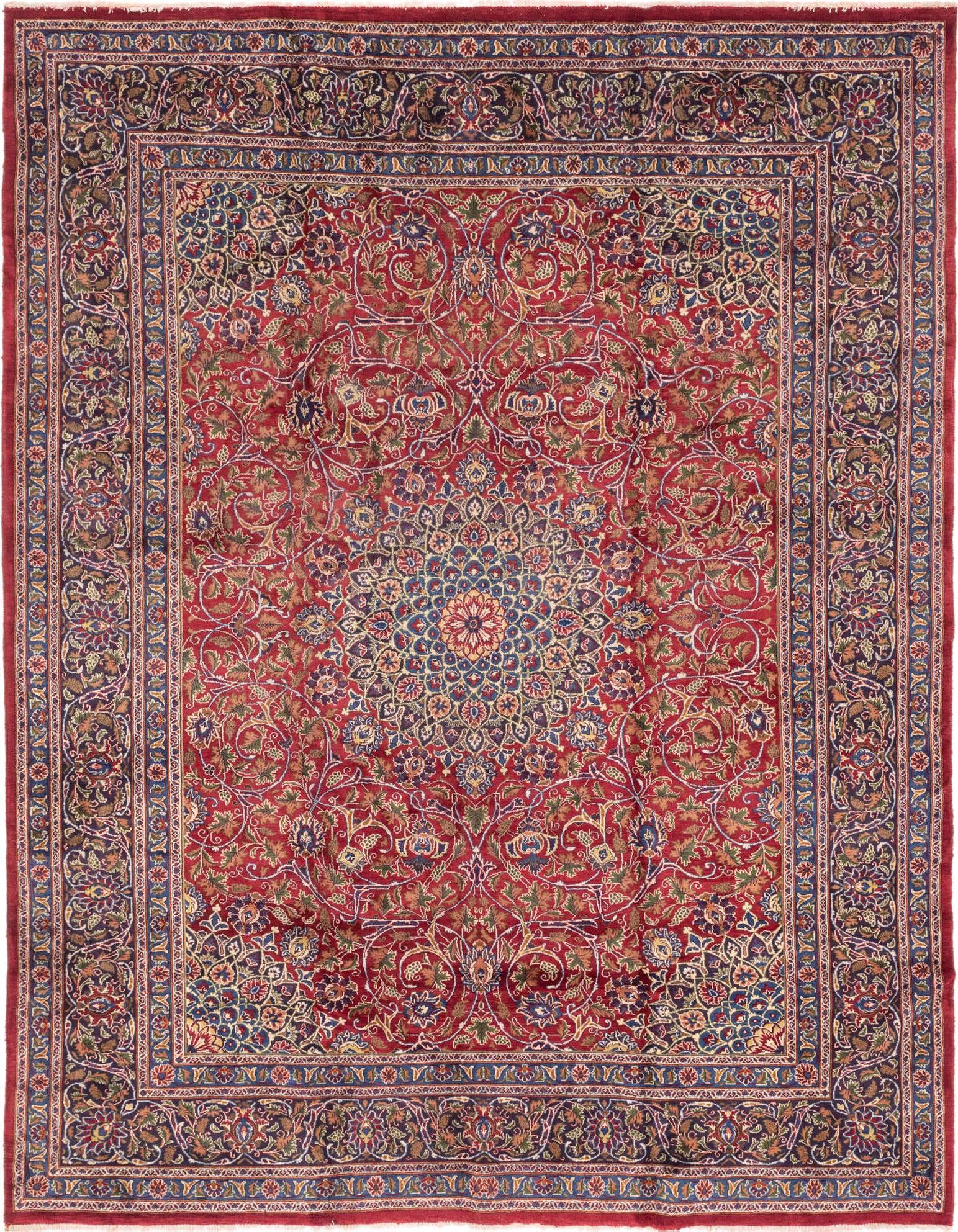 A 10x13 rectangular red Persian wool rug featuring an intricate botanical medallion pattern and traditional border.