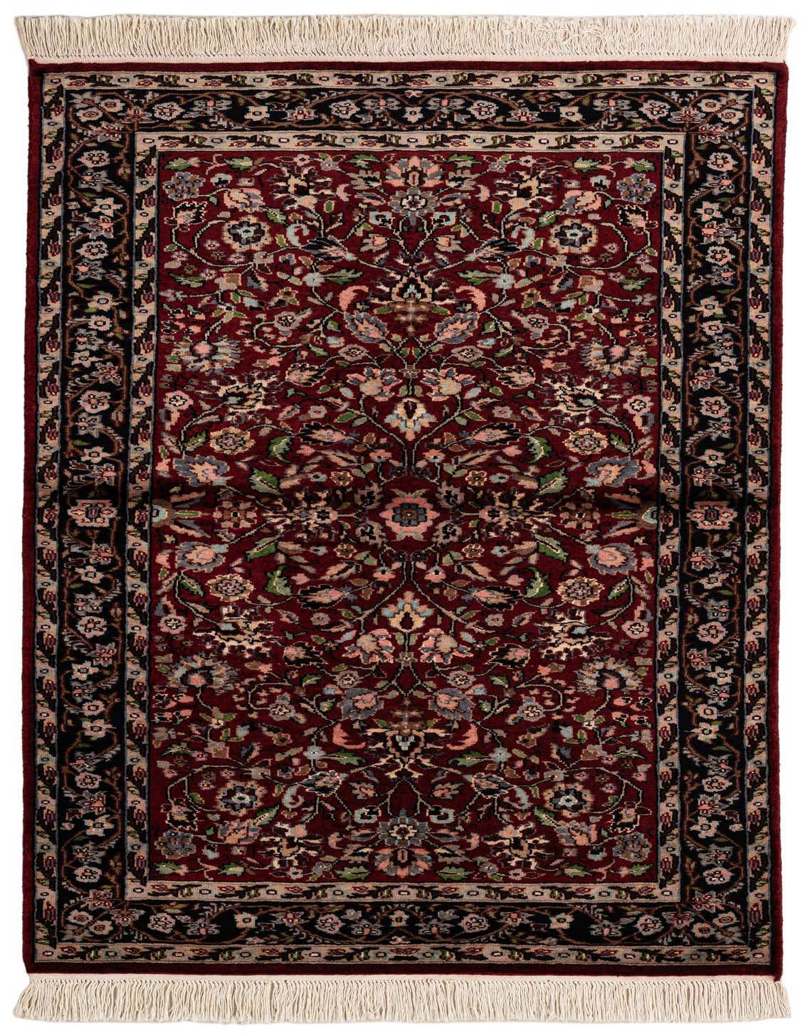 A 3x5 rectangular red traditional Oriental rug with intricate floral patterns and a dark border, featuring white fringe.