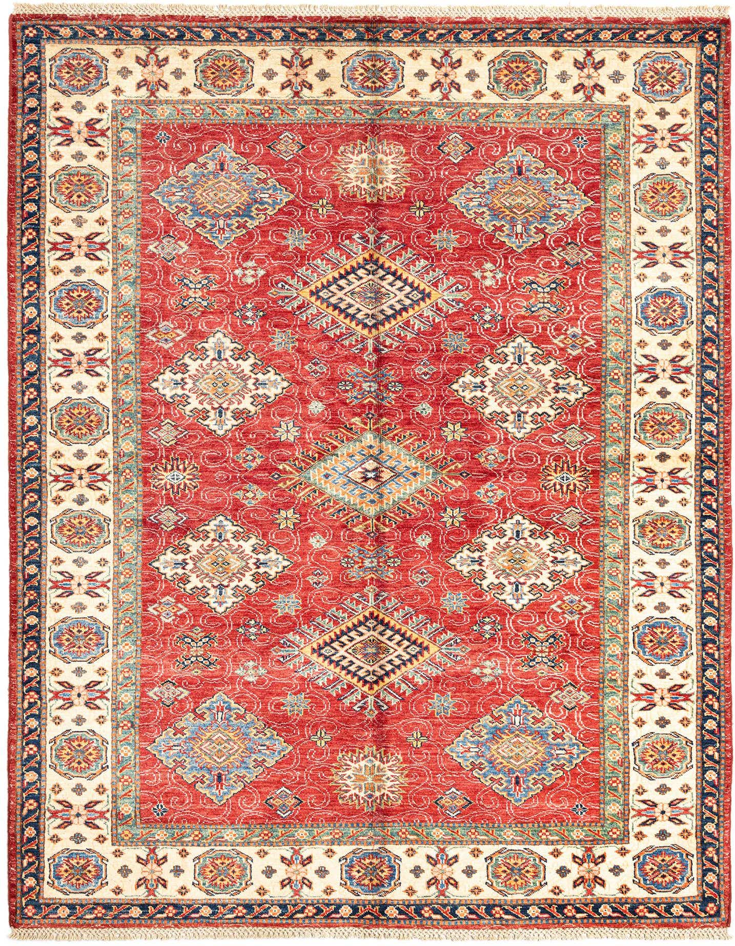 A 5x8 rectangular red Persian rug with intricate geometric patterns and a cream border, ideal for a living room.