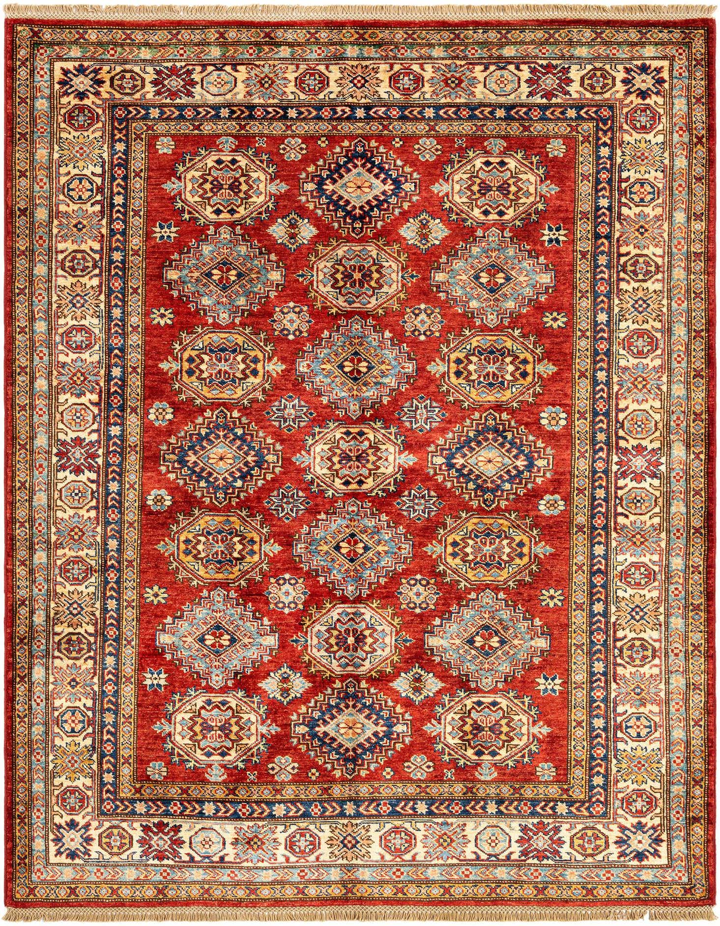 A 4x6 rectangular red Persian rug with intricate blue, gold, and cream geometric patterns and a detailed border.