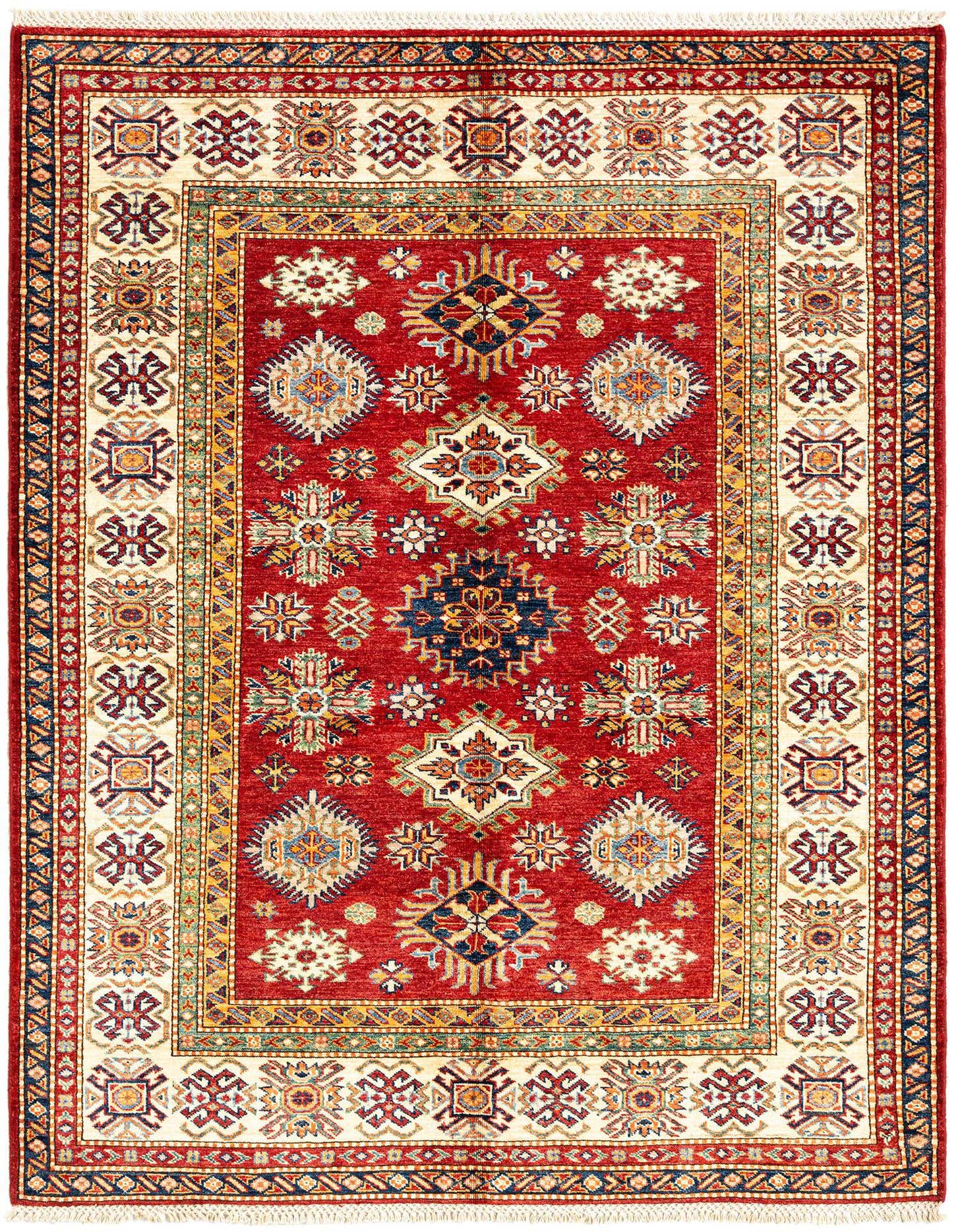 A 4x6 rectangular red Persian rug with intricate traditional patterns in blue, gold, and ivory, featuring a detailed border.