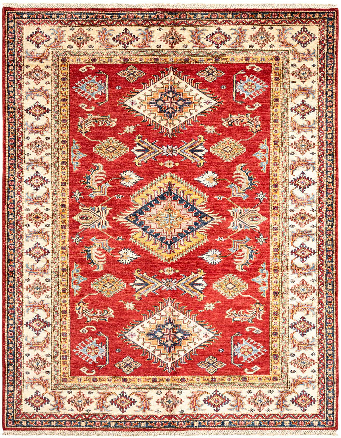 A 5x8 rectangular red Persian rug with a cream border and intricate geometric patterns, handmade from wool.