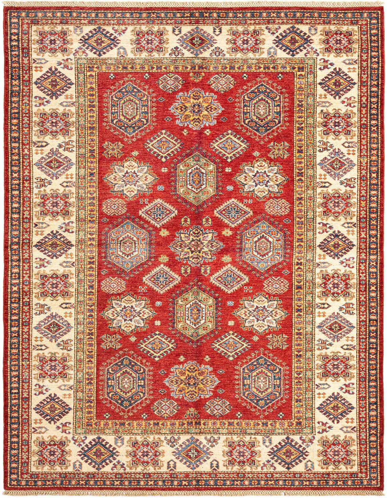 A 5x8 rectangular Rugs.com Kazak rug with a dominant red field and intricate Persian patterns in blue, gold, and cream, framed by a cream border.