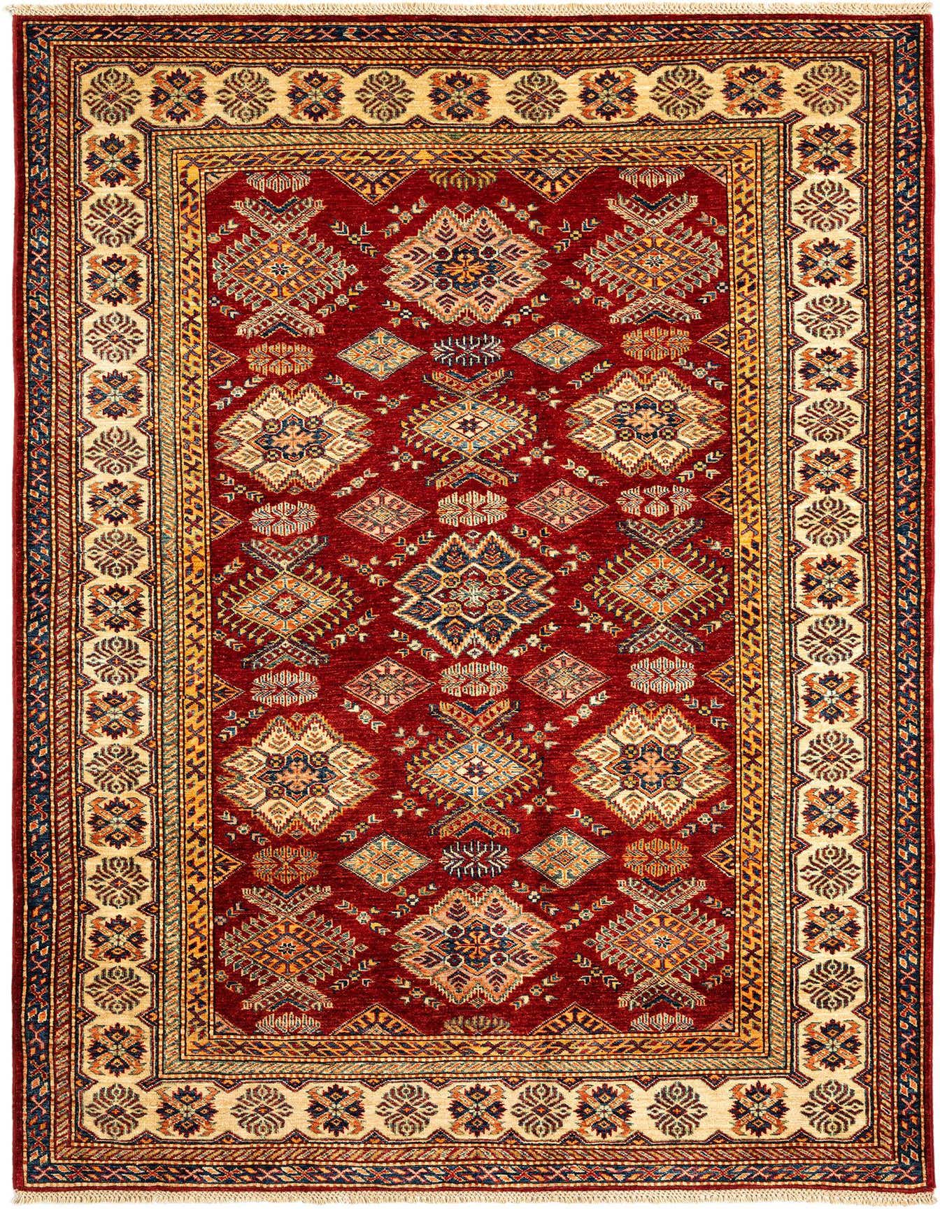 A 6x9 rectangular red Persian wool rug with intricate geometric patterns and a cream border, suitable for a living room.