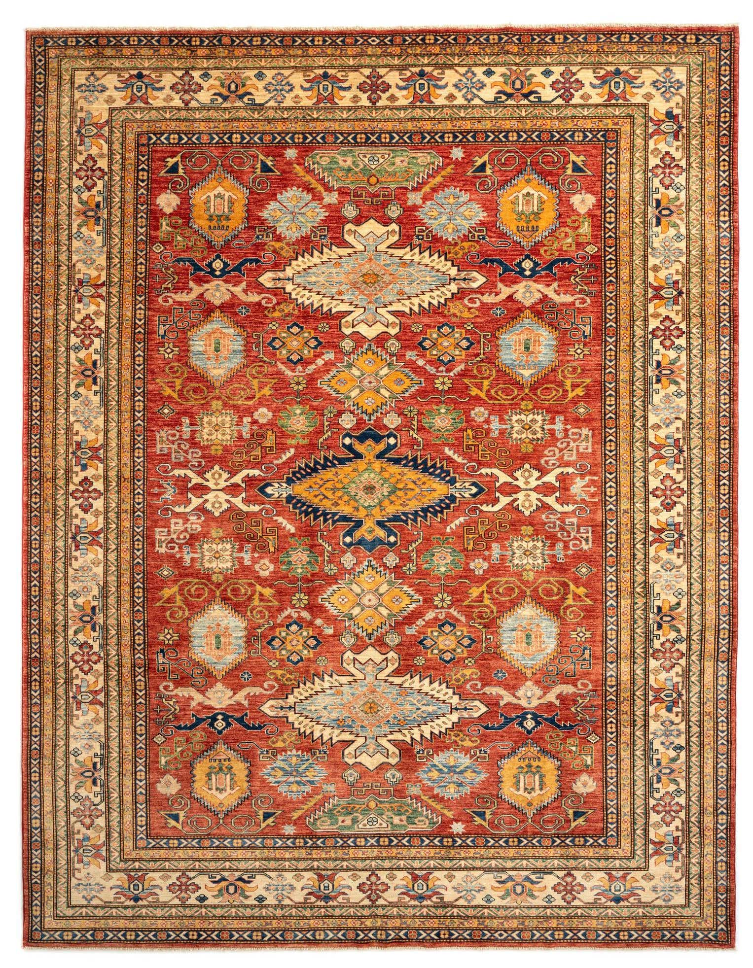 A 9x12 rectangular red Persian wool rug with intricate traditional patterns in blue, yellow, and cream, suitable for a living room.