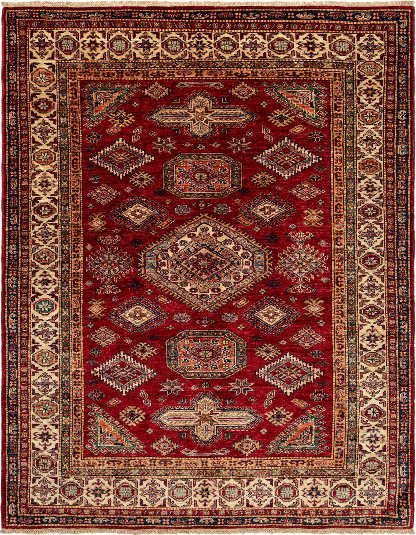 A 5x8 rectangular red Persian rug with intricate geometric patterns and a detailed cream border, ideal for a living room.
