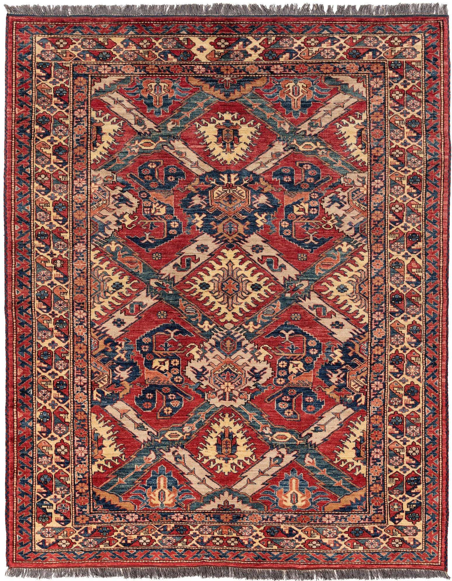A 5x8 rectangular handmade Kazak rug with intricate geometric patterns in shades of red, blue, and beige.