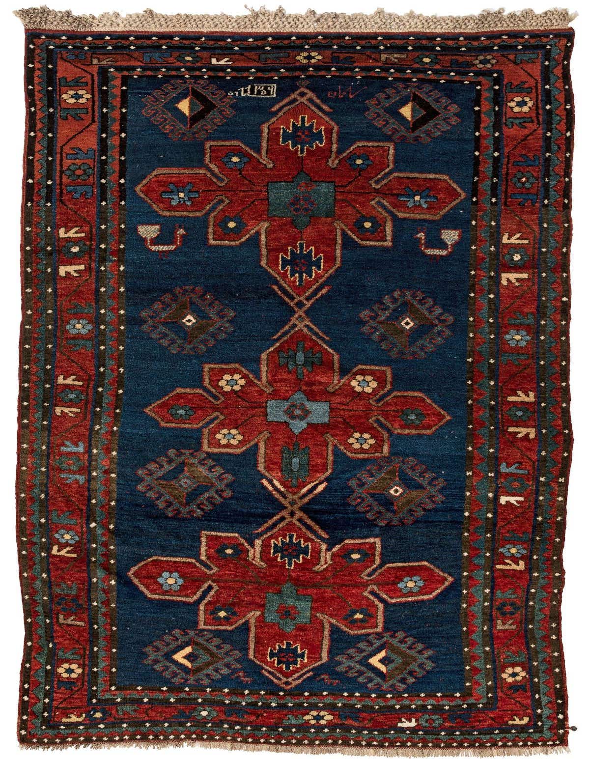A 5x8 rectangular handmade Kazak rug featuring a deep red border and central medallions on a rich navy blue field, with intricate traditional patterns.