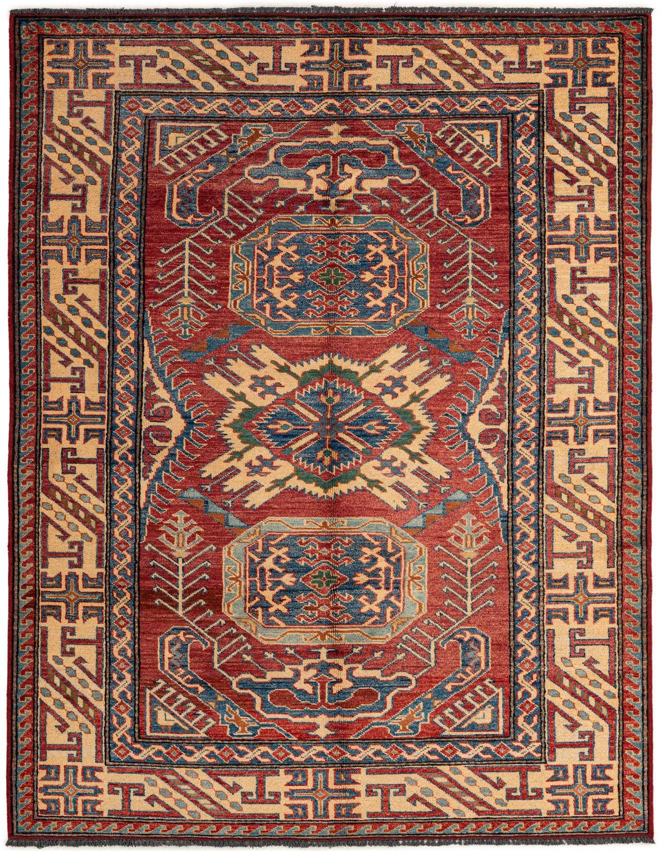 A 5x7 rectangular red wool rug featuring a traditional Oriental medallion pattern with blue, beige, and green accents.
