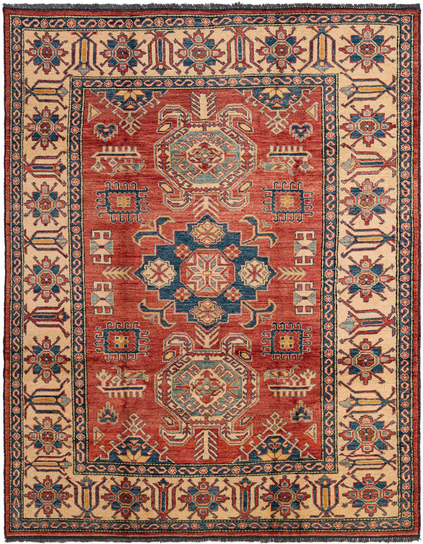 A 6x9 rectangular red wool rug with a detailed Oriental medallion pattern in blue, beige, and yellow.